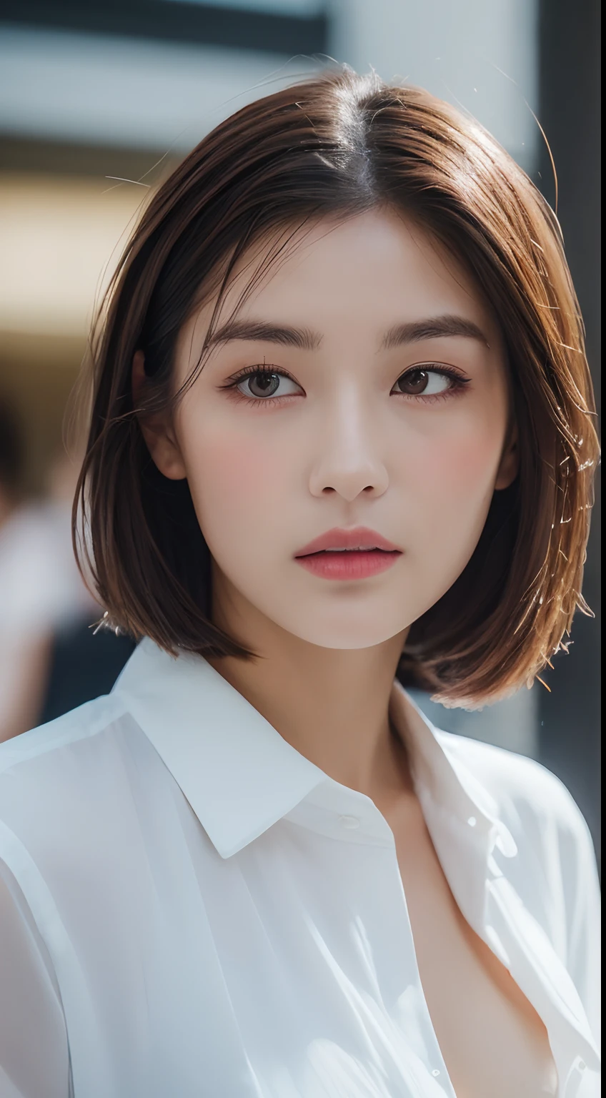 ((Best Quality, 8K, Masterpiece: 1.3)), Sharp: 1.2, Perfect Body Beauty: 1.4, Slim Abs: 1.2, ((Layered Hairstyle, Big Breasts: 1.2)), (Wet White Button Long Shirt: 1.1), (Rain, Street: 1.2), Wet: 1.5, Highly detailed face and skin texture, detailed eyes, double eyelids, side face looking at the camera