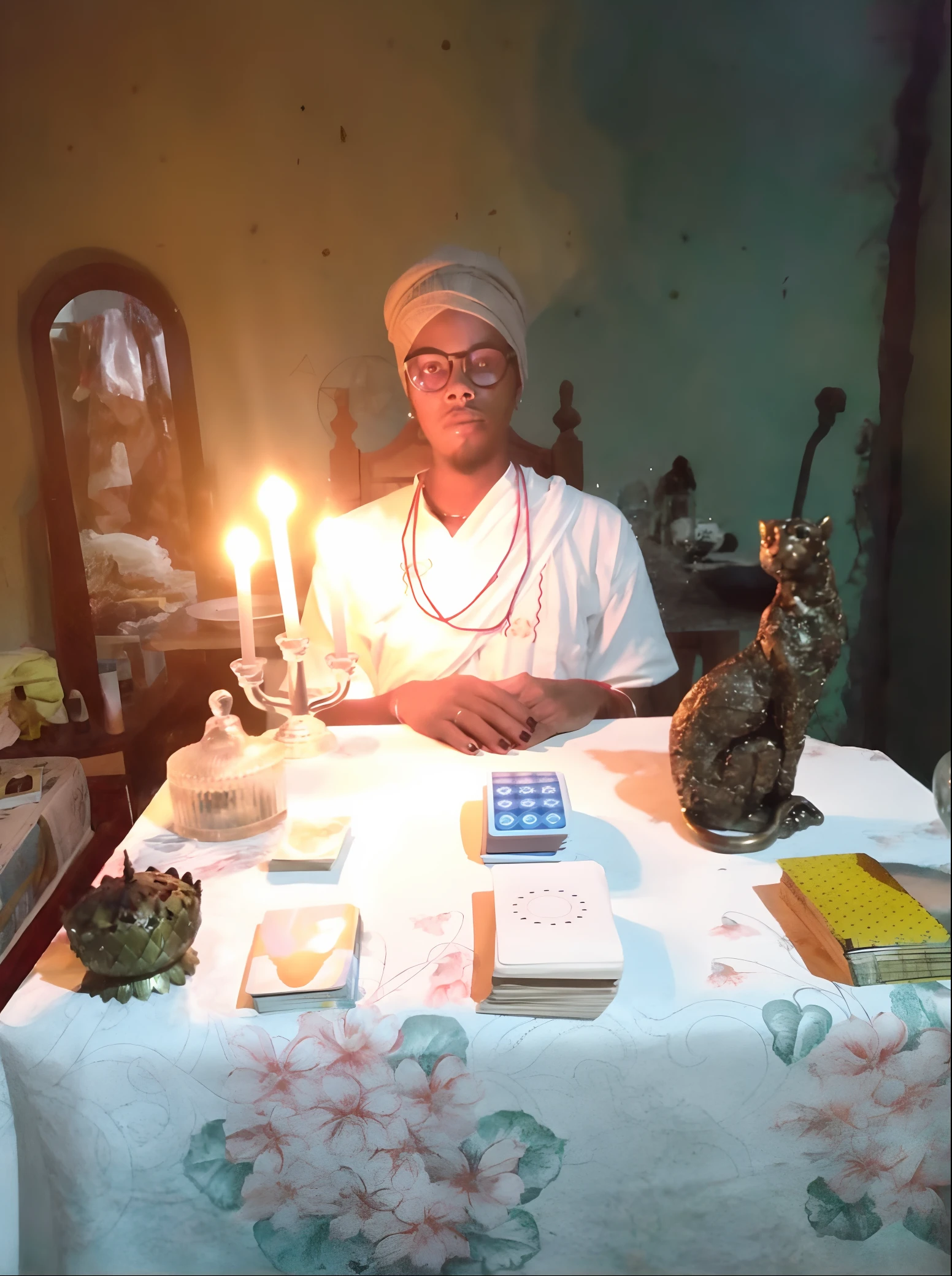 There's a man sitting at a table with a candle in front of him, ayahuasca shaman, the oracle of the mayan elders, por Ingrida Juniper, he is casting a lighting spell, spell casting wizard, wizard doing a tarot reading, spell casting, Alquimista Steampunk Africano, por Ella Guru, exclusivo, afrocentric mysticism, dressed as an oracle