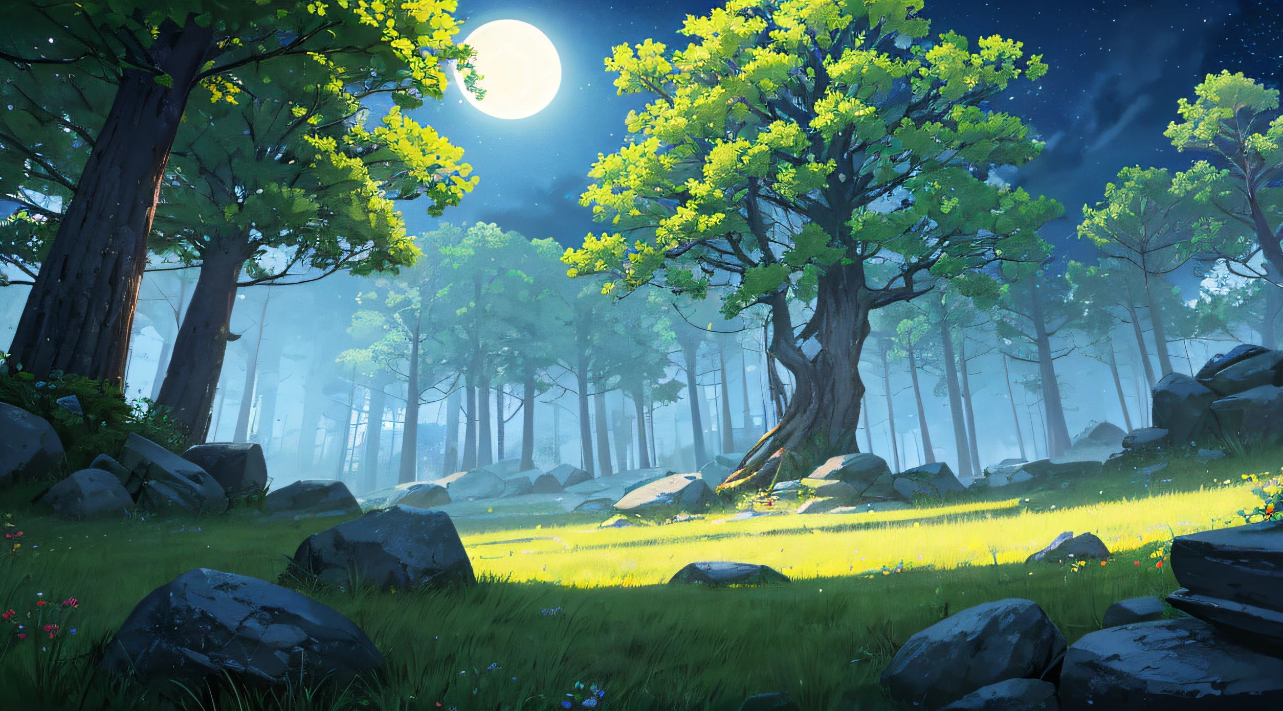 Side Scrolling Game Backgrounds,  (((In the dark of the night with a hint of blue))), Flat feeling without vanishing point perspective,  photorealistic lighting, (((At night when the moonlight is faint))),  high-definition details, ​masterpiece, Best quality at best, (Highly detailed CG integrated 8k wallpaper), (Top  Quality),  Forest scenery,  The bottom half of the screen is flat ground, Land with a moderate mix of soil and grass, The direction of the road is from the left side of the screen to the right side of the screen., (((At the top half of the screen are small densely packed trees and rocks.))),  Small rocks, Distant view behind the trees, mountains, The dark hour after sunset, At night when the bluish light is flowing, The size of the tree is small and it has a lot of curves, View from a height of about 3 meters,