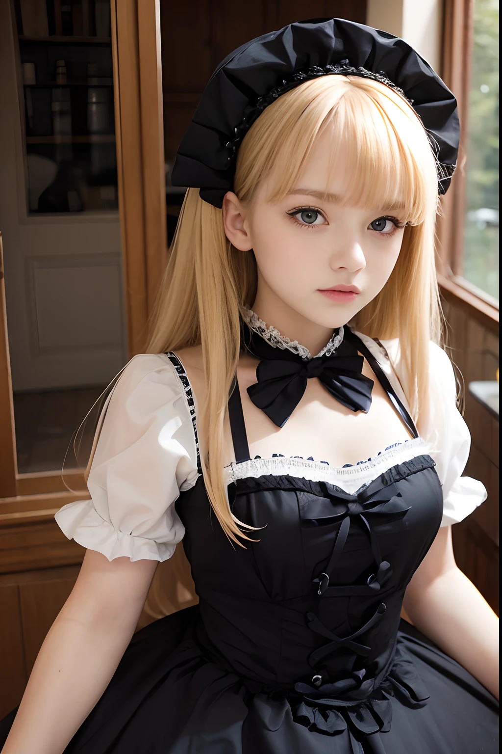 A girl,,blonde,(bangs bangs),pretty facemuscular arms,Maid, Gothic and Lolita