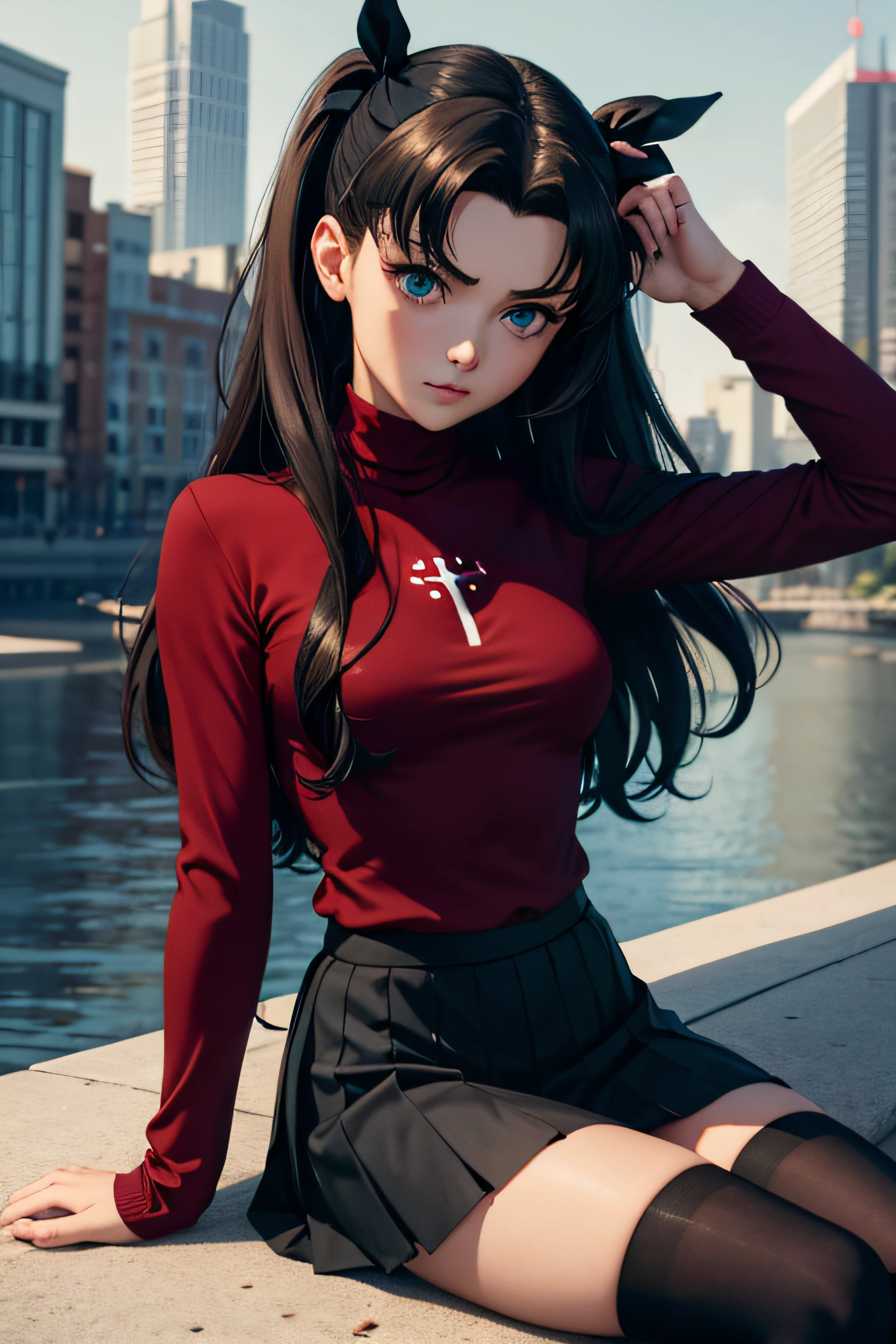 (masterpiece, best quality, ultra detailed, absurdres:1.5), 1girl, (sexy, beautiful woman, perfect face, perfect eyes, perfect female body:1.5), (red sweater, tohsaka rin, thighhighs, long hair, skirt, black thighhighs, black hair, two side up, black skirt, loafers, <lora:rin:0.5>), (standing, outdoors, city park), perfect lighting, smooth, hdr