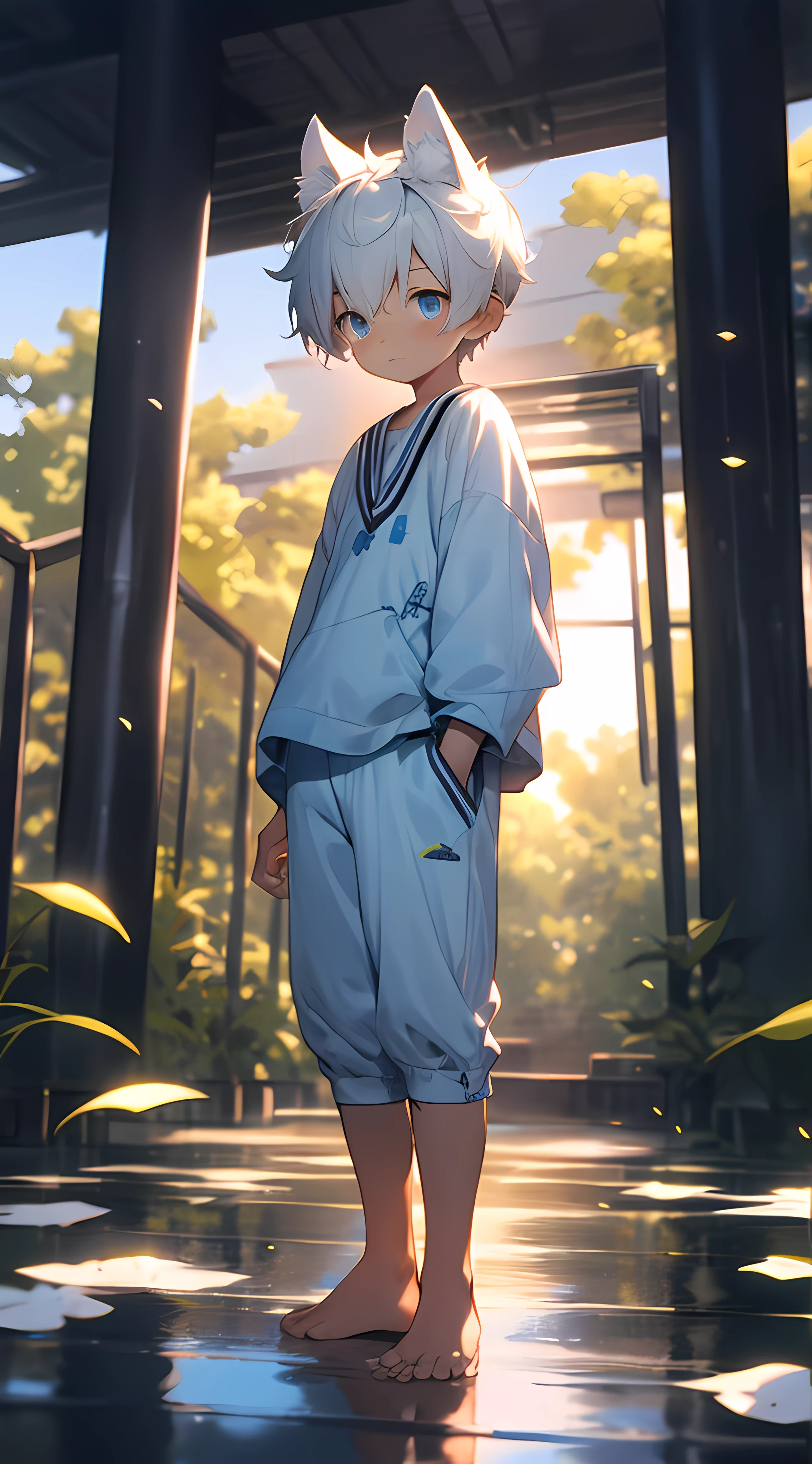 (Shota,White color hair,ddlers,Blue eyes,Libido boy,mascle)Wolf ears on people,adolable, standing on your feet, Master masterpieces, A high resolution,8K,detailedbackground,high high quality,独奏,shorter pants,grassy fields,white blossoms,falling leaf,clouds,setting sun,Shy,wide wide shot