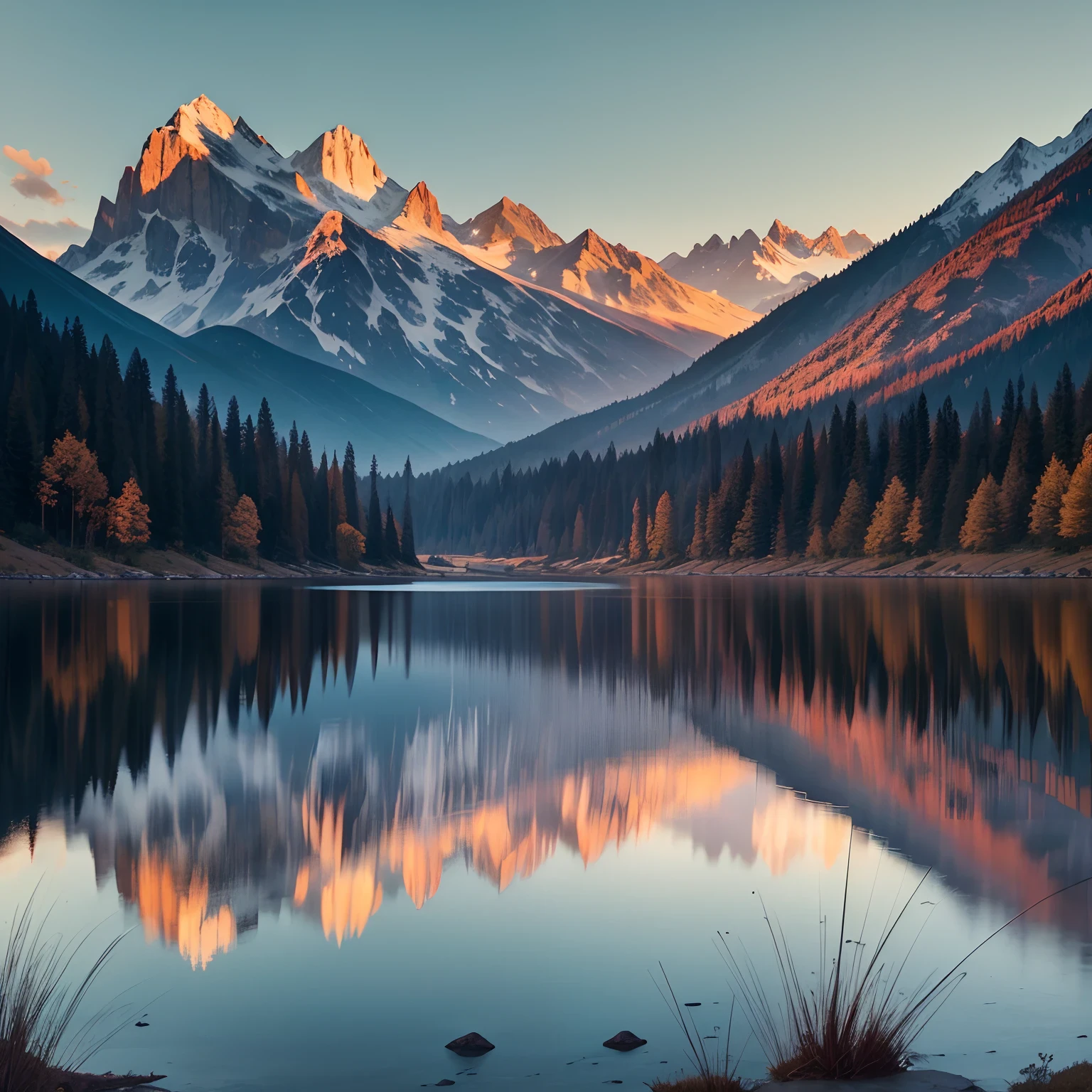 Generate a vivid description of a stunning valley at dusk. Envision a serene setting with rolling hills and majestic mountains in the background. The sun is setting on the horizon, painting the sky with shades of orange and gold, creating a breathtaking display of colors. In the center of the valley, there is a massive lake reflecting the beauty of the mountains and the dramatic sky. The lake is so calm that it perfectly mirrors the mountains and the sky, creating a breathtaking image. Detail the vegetation, the water's texture, the shadows of the mountains, and any other features that enhance the beauty and tranquility of this twilight scene. --auto --s2