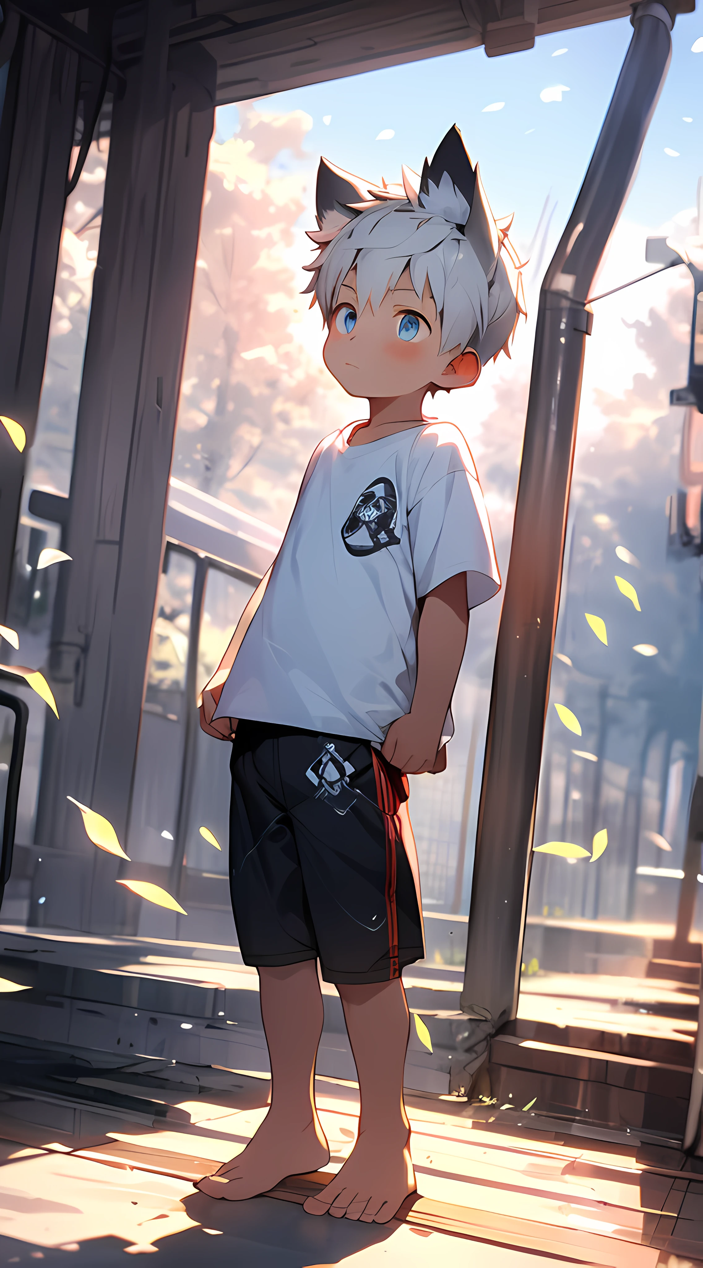 （Shota，White color hair，toddlers，Blue eyes，Libido boy，mascle）Wolf ears on people，adolable， standing on your feet， Master masterpieces， A high resolution，8K，detailedbackground，high high quality，独奏，shorter pants，grassy fields，white blossoms，falling leaf，​​clouds，setting sun，Shy，wide wide shot