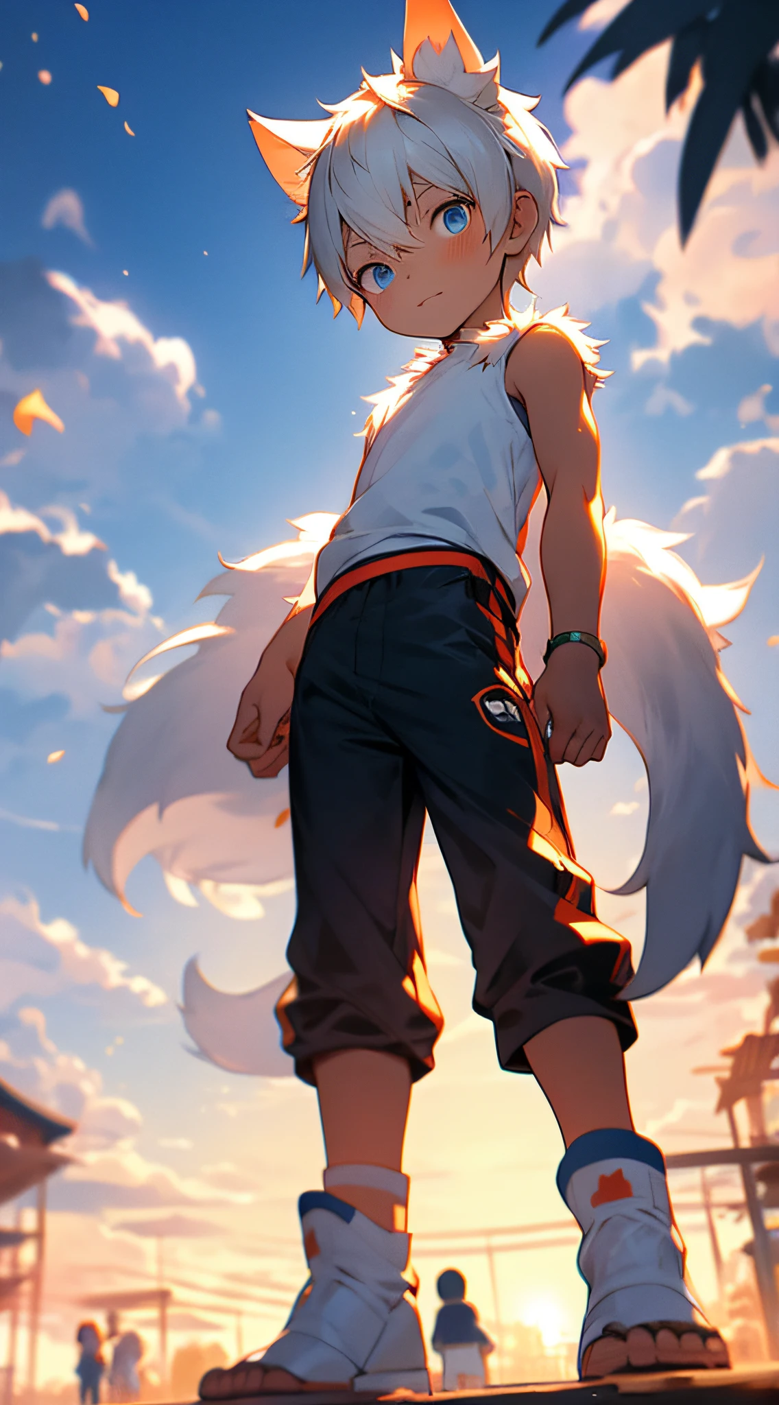 (Shota,White color hair,toddlers,Blue eyes,Libido boy,mascle)Wolf ears on people,adolable, standing on your feet, Master masterpieces, A high resolution,8K,detailedbackground,high high quality,独奏,shorter pants,grassy fields,white blossoms,falling leaf,clouds,setting sun,Shy,wide wide shot