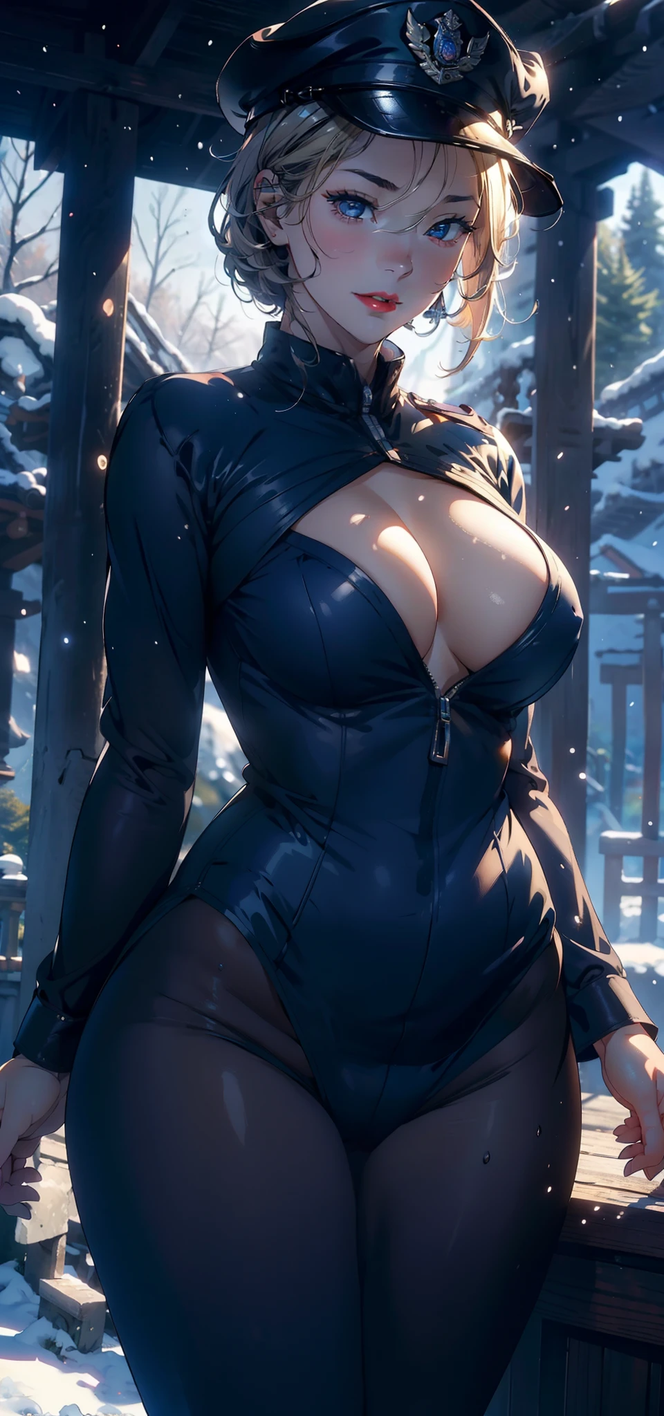 1female,35yo,plumw,extremely large bosom, 独奏,(Background with:ln the forest,Forest path,Deep in the forest,No man's land,)standing on top of a mountain, She has short blonde hair,standing on your feet,Bundled,seen from the front, bobo head, mostly cloudy sky,(((tmasterpiece),(Very detailed CG unity 8K wallpaper),best qualtiy,cinmatic lighting,detailed back ground,beatiful detailed eyes,Bright pupils,Blue eyes,Snow-whiteskin,Redlip(Very fine and beautiful),(Beautiful and detailed eye description),ultra - detailed,tmasterpiece,))facing at camera,A high resolution,ultra - detailed),revealing breasts,Bare genitalia, Bulge,legs are open,Raised sexy,Camel toes,Flushed complexion,Desire for dissatisfaction,frontage,Italy,police officers,police hat,Dark blue police uniform,Black tights,