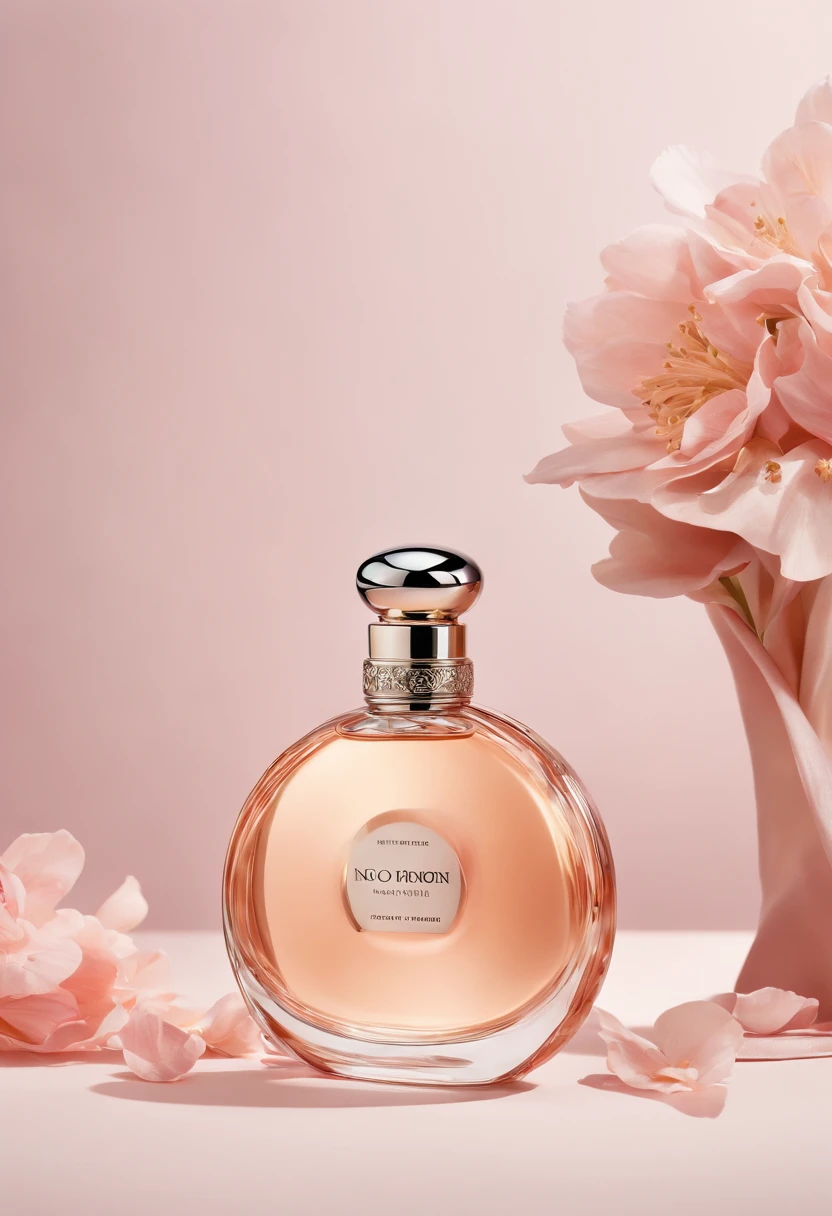 Close up of a perfume bottle surrounded by flowers, (petal: 1.3), close-up of perfume bottle, perfume on the table with silk, neo romanticism, Dior sport, Dior, Christian Dior style, Flemish Baroque style, based on Jean Honore Fragonard, simple background, studio lighting, soft light, high-definition picture quality, 8k, English text, no human, depth of field, virtual focus, short focus, still life, no human