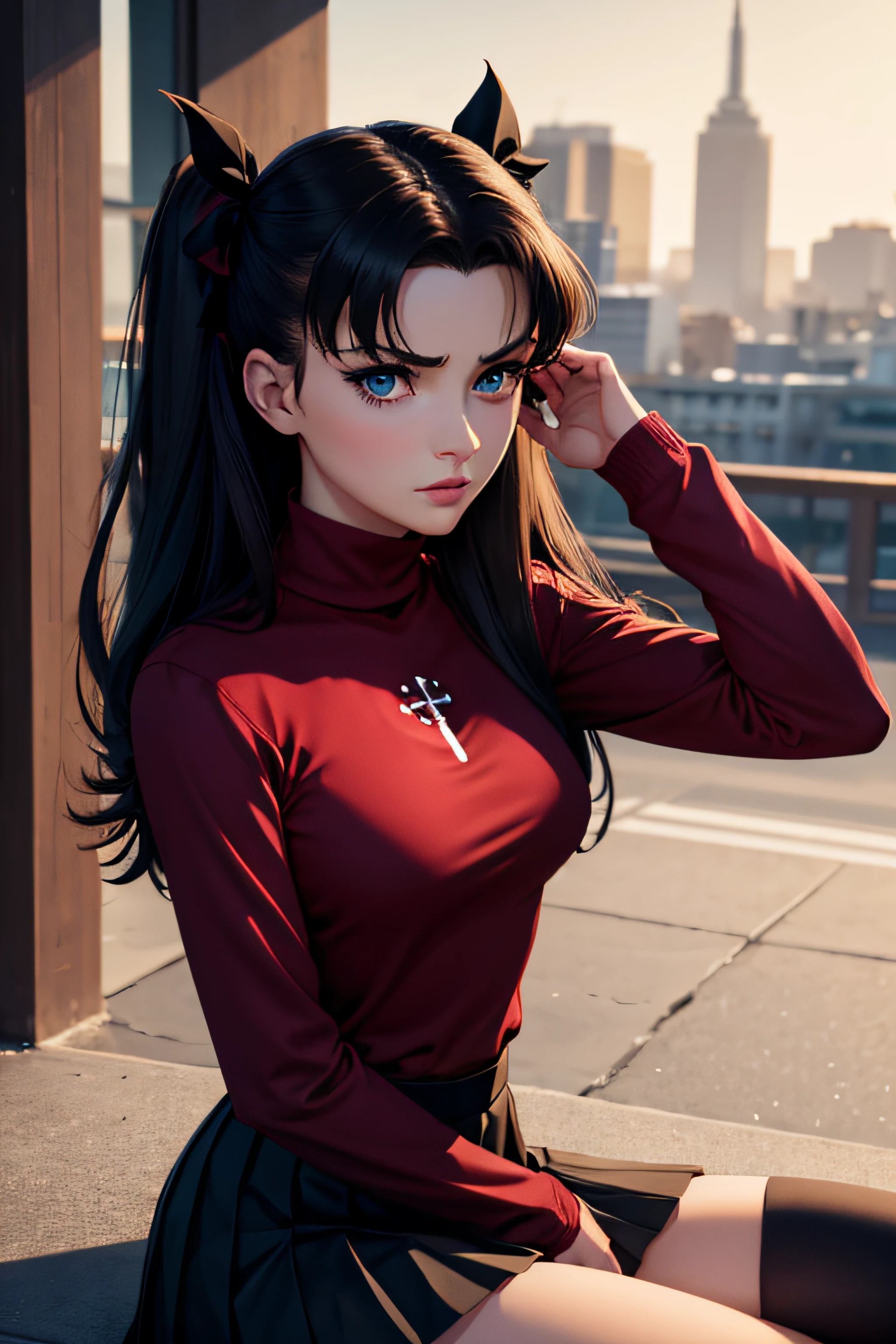 (masterpiece), best quality, expressive eyes, perfect face, 1girl, solo, rintohsaka, rin tohsaka, aqua eyes, black hair, hair ribbon, long hair, ribbon, sidelocks, two side up, black skirt, black thighhighs, long sleeves, miniskirt, pleated skirt, ((red sweater)), skirt, sweater, thighhighs, turtleneck, city background, sitting, character sheet, upper body, portrait, looking at viewer