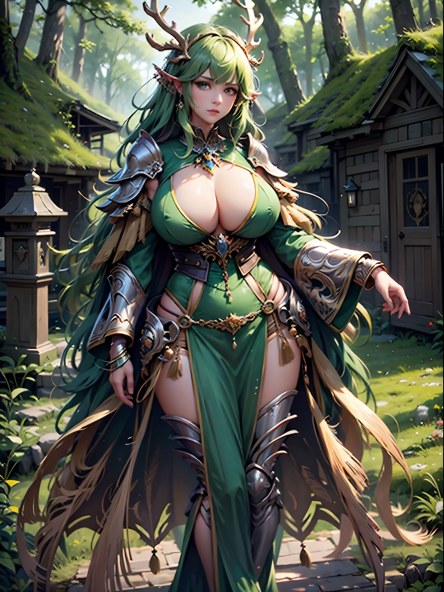1girl, cowboy shot of a beautiful woman in empress armored-battle-gown, (large emerald-green eyes : 1.6), serious gaze expression, (forest-green hair, long-wavy haircut, huge antlers : 1.5), ((very huge breasts, wide waist and huge buttocks, thigh gap)), looking at viewer, forest-nature made palace, masterpiece, best quality, 8k