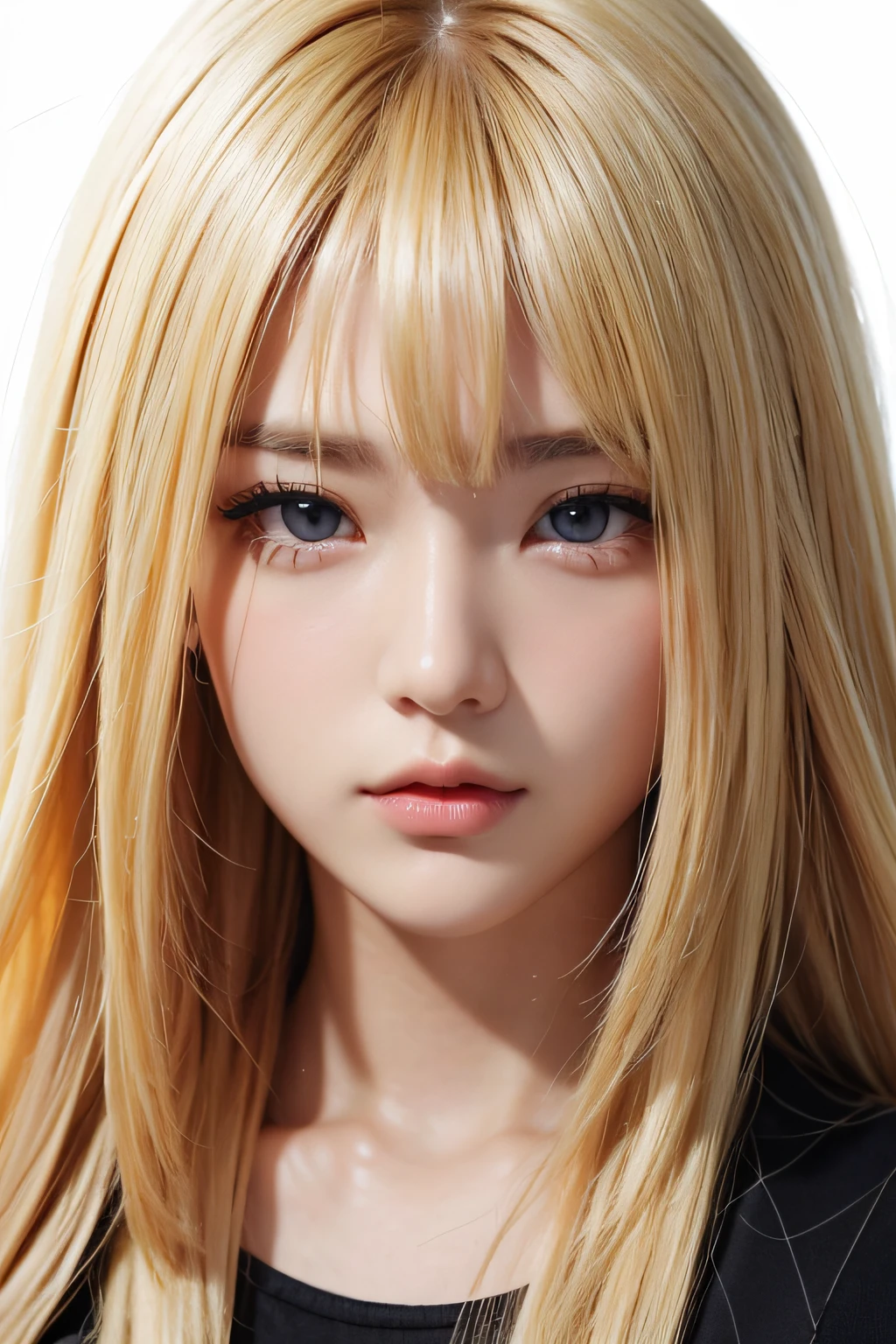 Anime, Face, Blonde hair, Black eyes, Long hair, Black background, facial close-up、​masterpiece、top-quality、ultra-definition、hight resolution