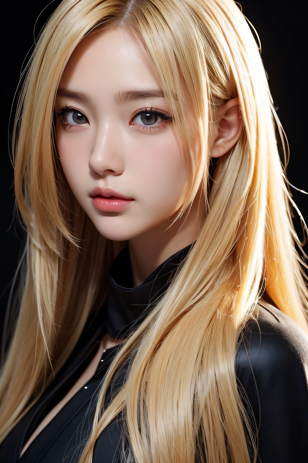 Anime, Face, Blonde hair, Black eyes, Long hair, Black background, facial close-up、masterpiece、top-quality、ultra-definition、hight resolution