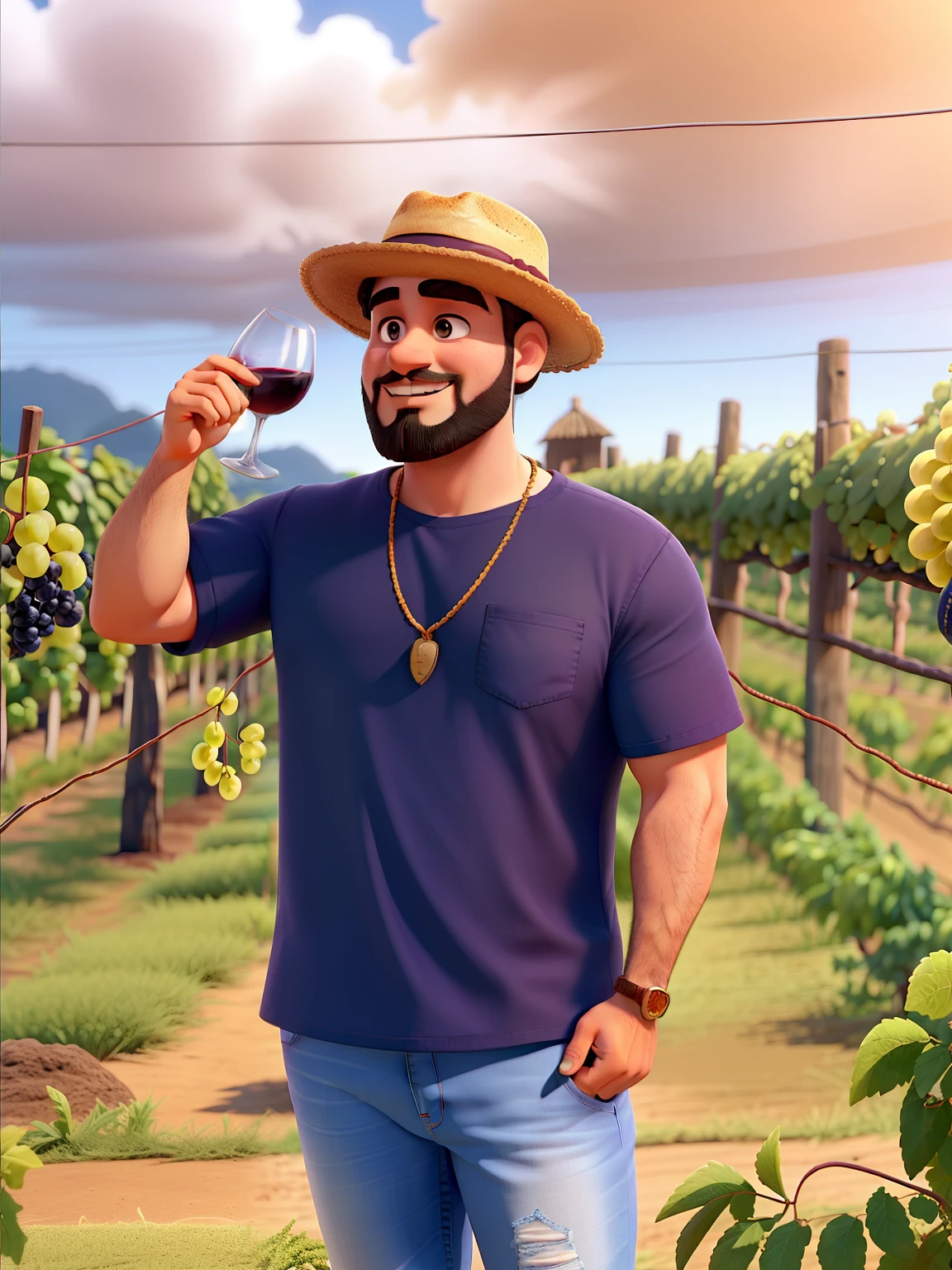 homem gordo, barbudo de cameseta preta, corrente de prata, Jeans and Panama hat with a glass of wine in front of a vineyard of grapes