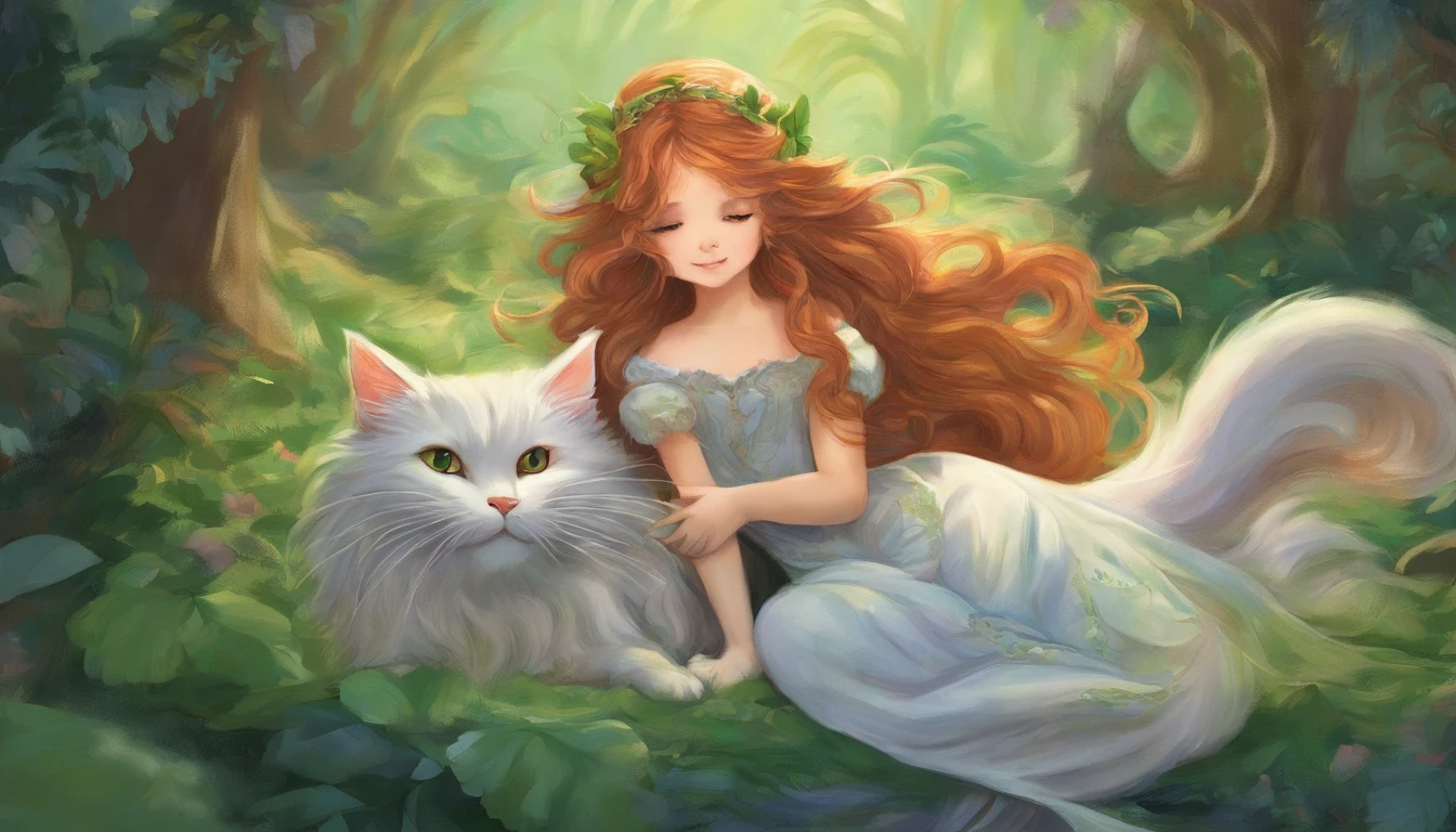 Chestnut long-haired girl sunbathing in the daytime performance　A light gray cat is snuggled up to her side　They look at each other and smile happily　Overall, the color is strong green