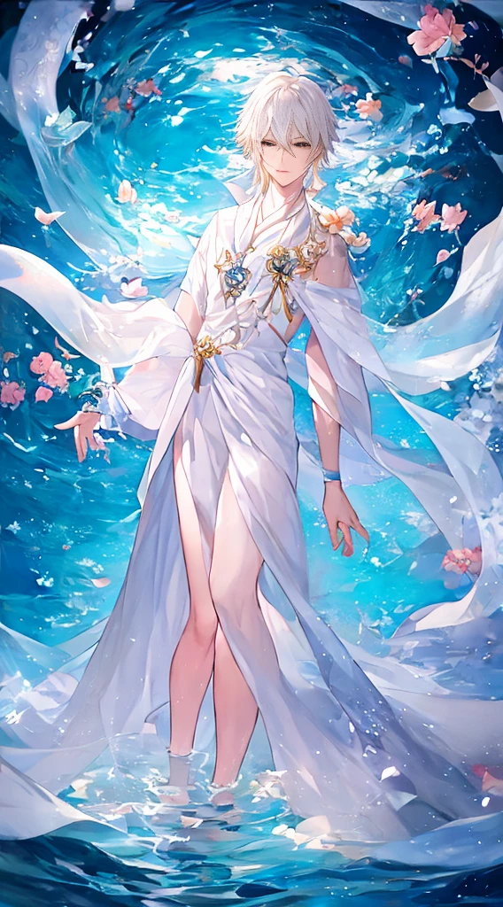 Anime boy standing in the water in a white dress，hold a flower, male people， zerochan art, trending on artstation pixiv, White-haired god, flowing magical robe, Digital art on Pisif , full portrait of elementalist, Beautiful celestial mage, By Yuumei, !!Full body portrait!!,  full-body xianxia