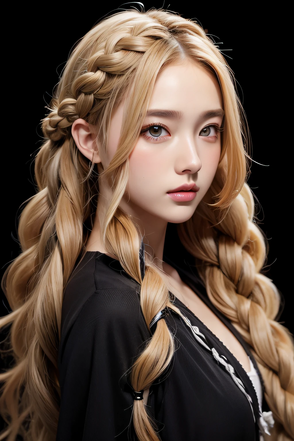 Anime, Face, Blonde and curly hair in braids, Black eyes, Long hair, (Black background), facial close-up、masterpiece、top-quality、ultra-definition、hight resolution