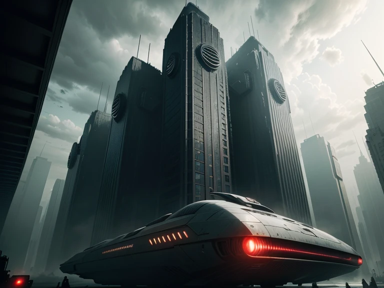 Photo of a huge dystopian secret facility, futurista, Estilo Blade Runner, apocalipse, grey sky, uma nave imensa (cargueiro espacial) flutuando ao redor da estrutura.
