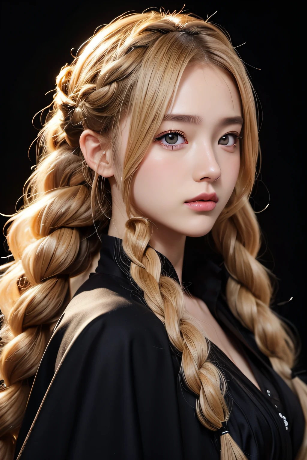 Anime, Face, Blonde and curly hair in braids, Black eyes, Long hair, (Black background), facial close-up、masterpiece、top-quality、ultra-definition、hight resolution
