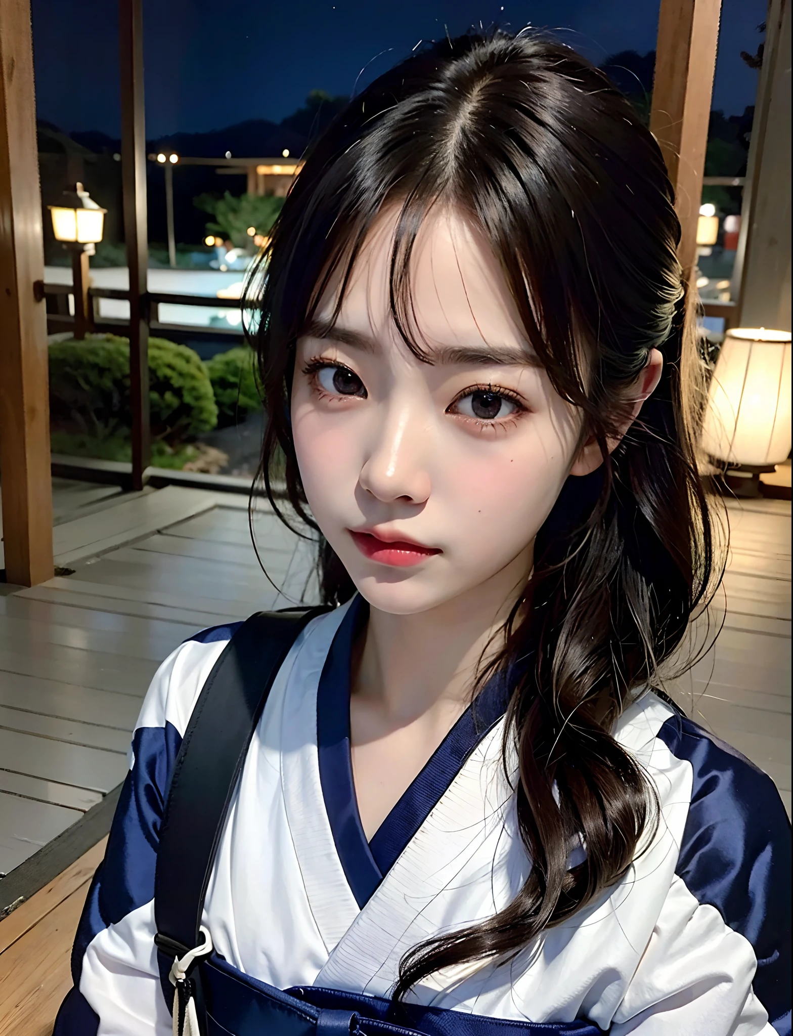 ((Japan Girl,1.4))About 20 years old,slenderbody,Slim Beauty,((Kyudo)),((Archery Women)),Haori Hakama,Detailed eyes,cabelos preto e longos,poneyTail,Real image quality,An ultra-high picture quality,8k,Masterpiece,Raw photo,Live Action,profetional lighting,((Night Background)),Absurd beauty,Beautiful face