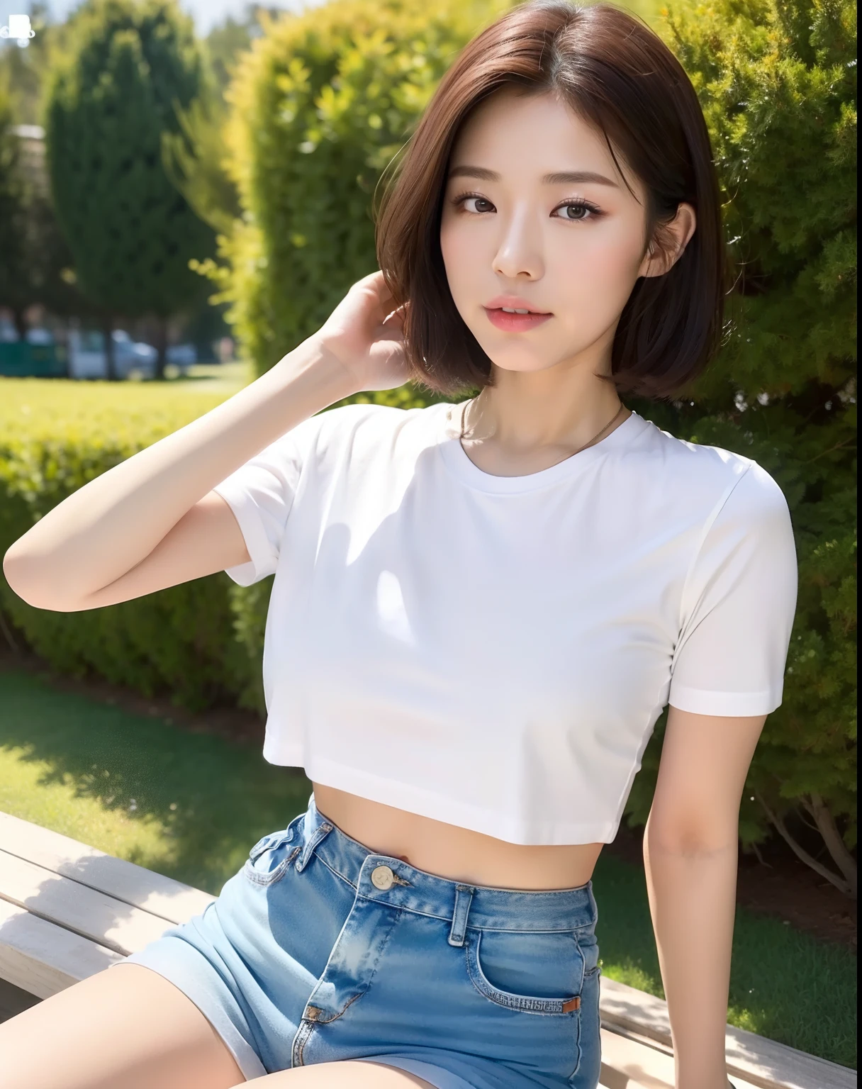 ((top-quality、8k、masterpiece:1.3))、foco nítido:1.2、(1Beautifulwoman:1.1)、(Photorealsitic)、smaller head:1.3、Small bust、brunette short messy hair、small tits、Lap photo、frontage、to stand、Long white T-shirt、Beige pants、a park、sunlights、电影灯光