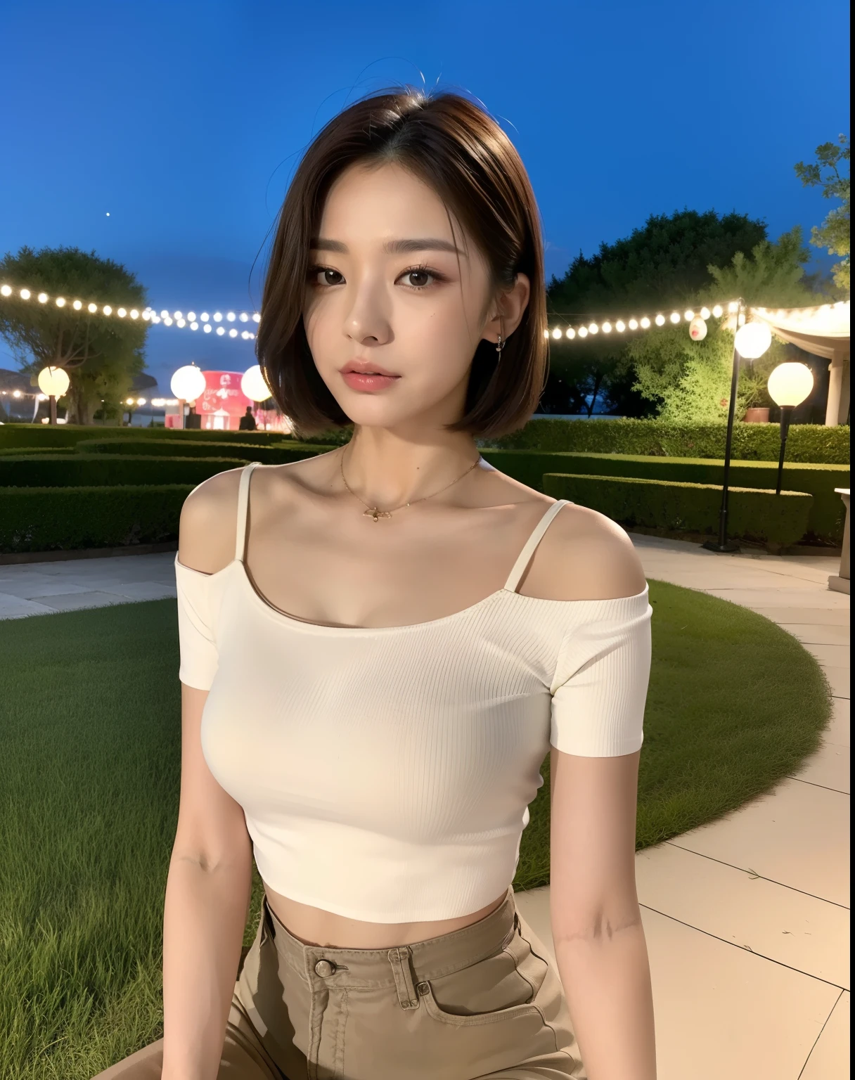 ((top-quality、8k、masterpiece:1.3))、foco nítido:1.2、(1Beautifulwoman:1.1)、(Photorealsitic)、smaller head:1.3、Small bust、brunette short messy hair、small tits、Lap photo、frontage、to stand、Long white T-shirt、Beige pants、a park、sunlights、电影灯光