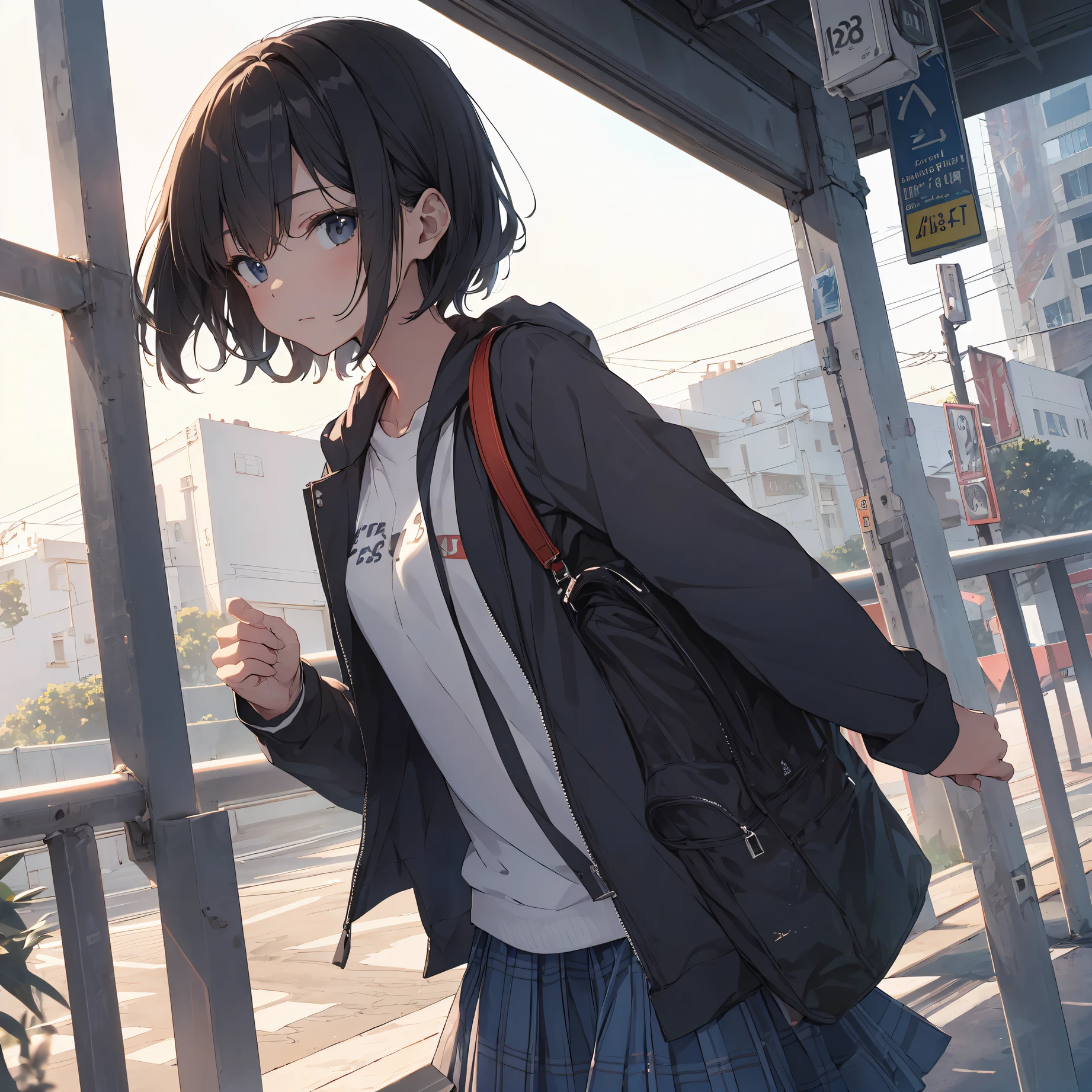 Portrait, Documentary, Photo, A girl is 13-year-old gender-neutral middle school student with short black hair and small chest, walking on the school commute route with a tired expression, Short hair, School uniform, skirt, School commute route, High quality, Realistic, Eye-level shot, Medium shot, Front view, Natural lighting, School commute,break,1girl, (Solo,Loli face,13-year-old:1.5),a junior high school student, androgynous charm, (Very Short hair), flat chest, Small butt, Beautiful detailed black eyes, disgusted eye,break,((top quality,anime style, ultra-detailed,high resolution,extremely detailed CG,unity 8k wallpaper,by famous artist,perfect anatomy,super detailed skin,cinematic lighting)),