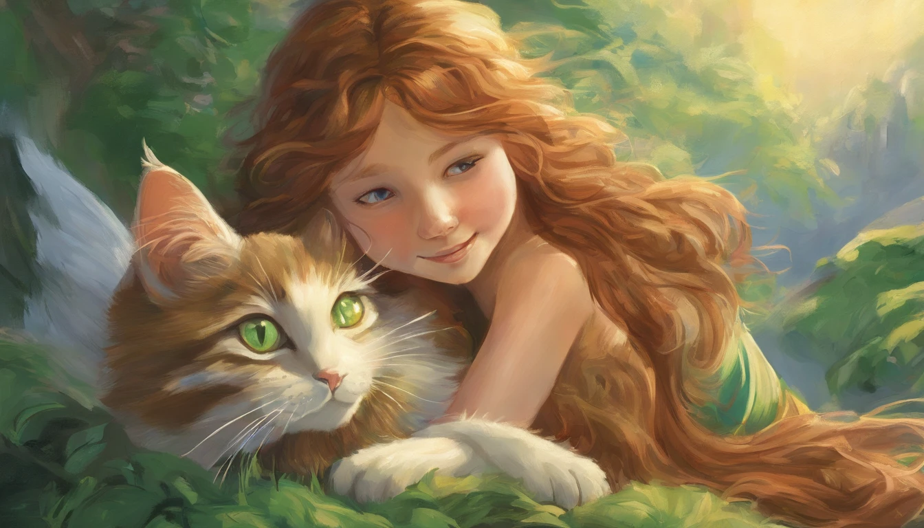 Chestnut long-haired girl sunbathing in the daytime performance A light gray cat is snuggled up to her side They look at each other and smile happily Overall, the color is strong green