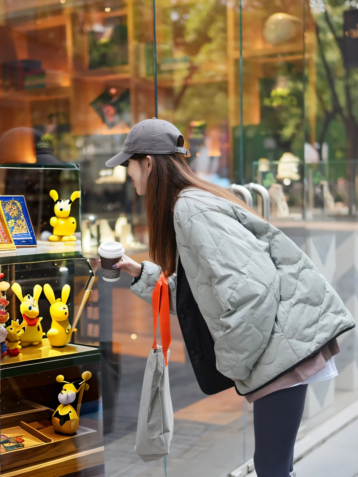 A glass display case of a cartoon figure，It is made of transparent glass and white wood，There are some cute cartoon figures in the display case，Such as Mickey，SpongeBob，Pikachu, etc，There are some colored lights above the display case，