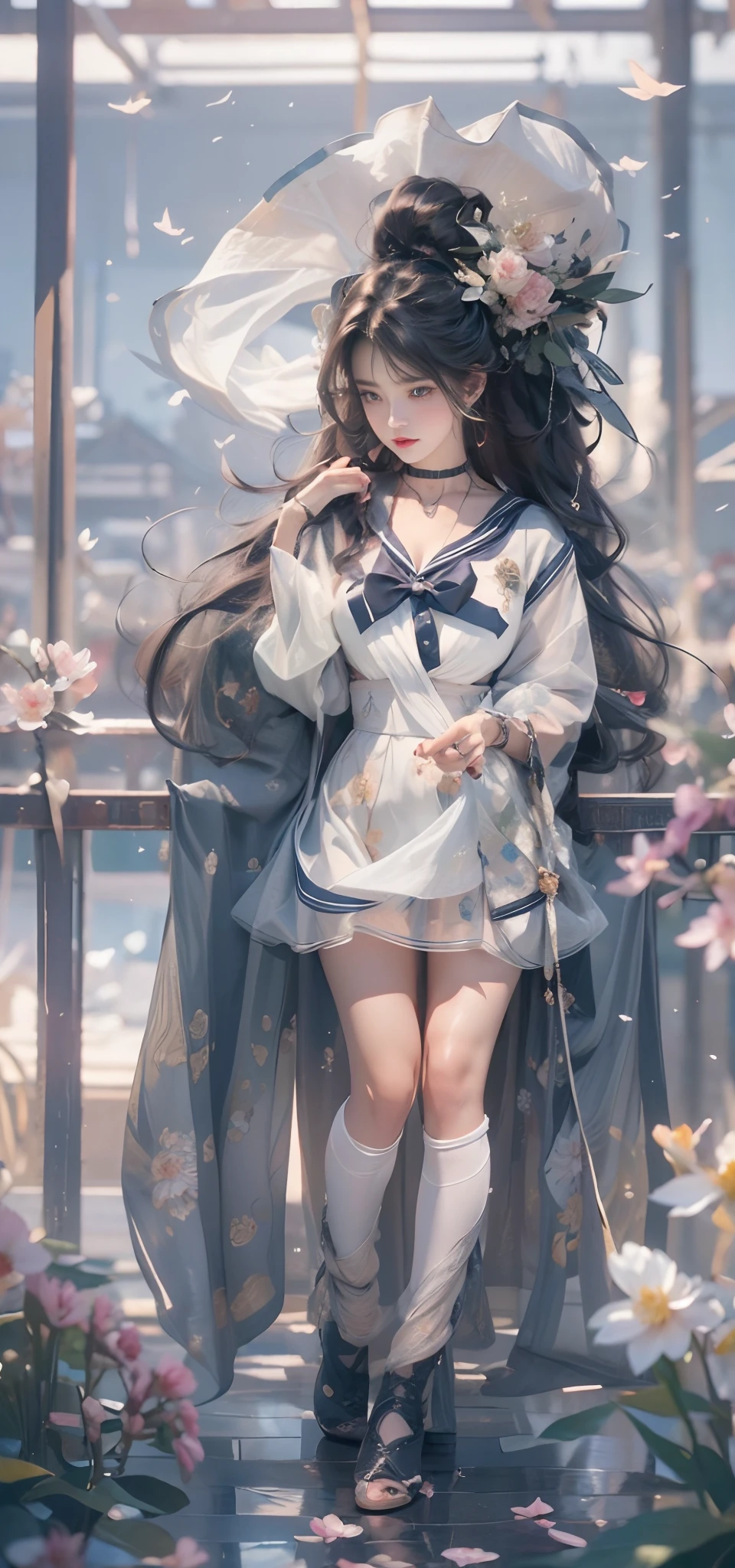 1female,25 age old,Married Woman,熟妇,plumw,extremely large bosom, 独奏,(Background with:ponds,Cherry blossom forest,lotus flower)standing on your feet, She has short black hair,seen from the front,, mostly cloudy sky,(((tmasterpiece),(Very detailed CG unity 8K wallpaper),best qualtiy,cinmatic lighting,detailed back ground,beatiful detailed eyes,Bright pupils,Black eyes,Snow-whiteskin,Redlip(Very fine and beautiful),(Beautiful and detailed eye description),ultra - detailed,tmasterpiece,))facing at camera,A high resolution,ultra - detailed),revealing breasts,Bare genitalia, Bulge,legs are open,Raised sexy,Camel toes,Desire for dissatisfaction,frontage,Navy,,(Wearing:see-through school uniform,Transparent sailor uniform,Bare ,)