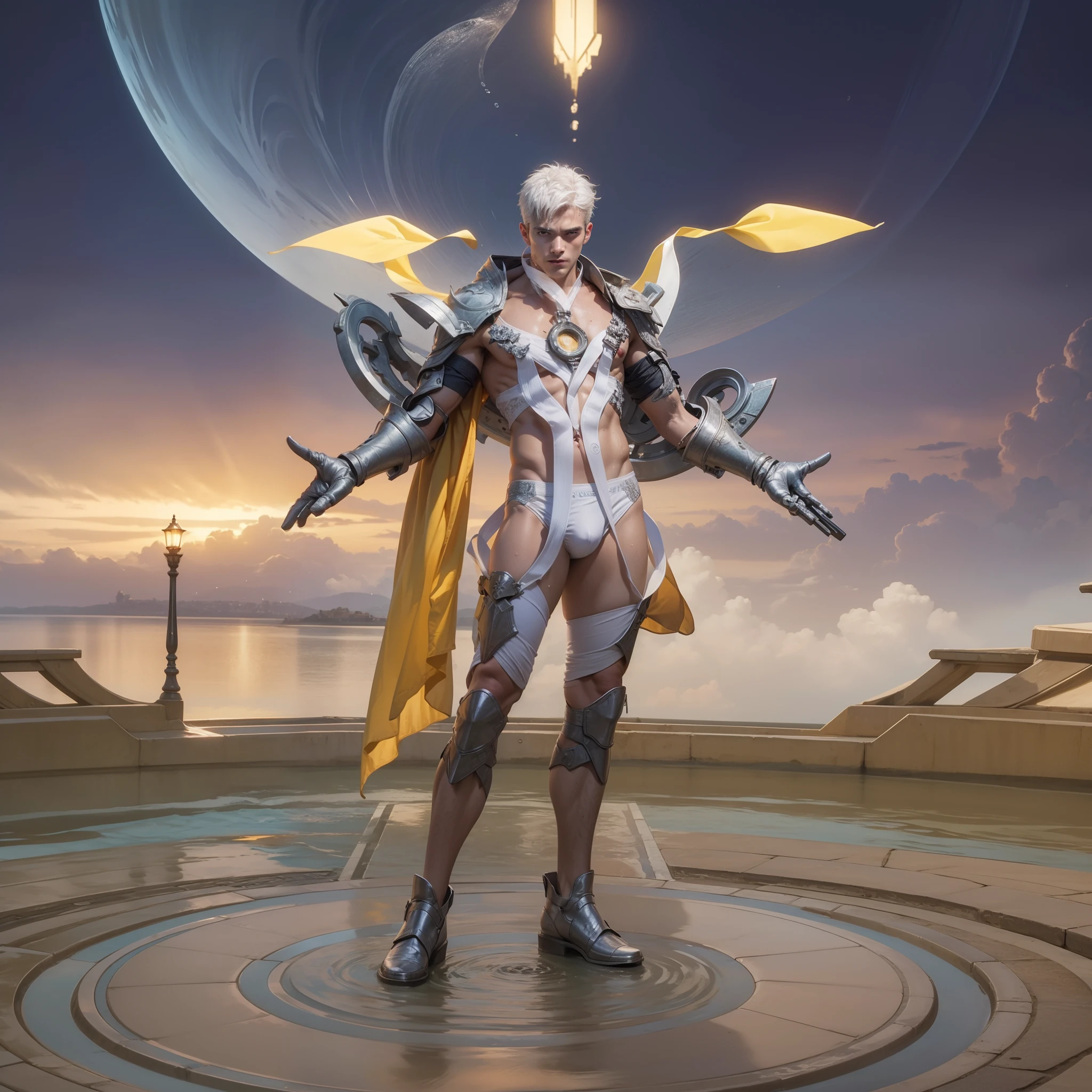 (max resolution: 1.2), (Ultra HDTV: 1.2), 8K resolution, Eye and skin details, detailed facial features, , (Sharp focus: 1.2), (Focus focus) facial expressions: 1.2), 1 Guy, Standing, White hair, exposed chest, 8 pack, (shirtless) shirtless, exposed white thighs, (((white briefs))), ((( Water, Seawater)))