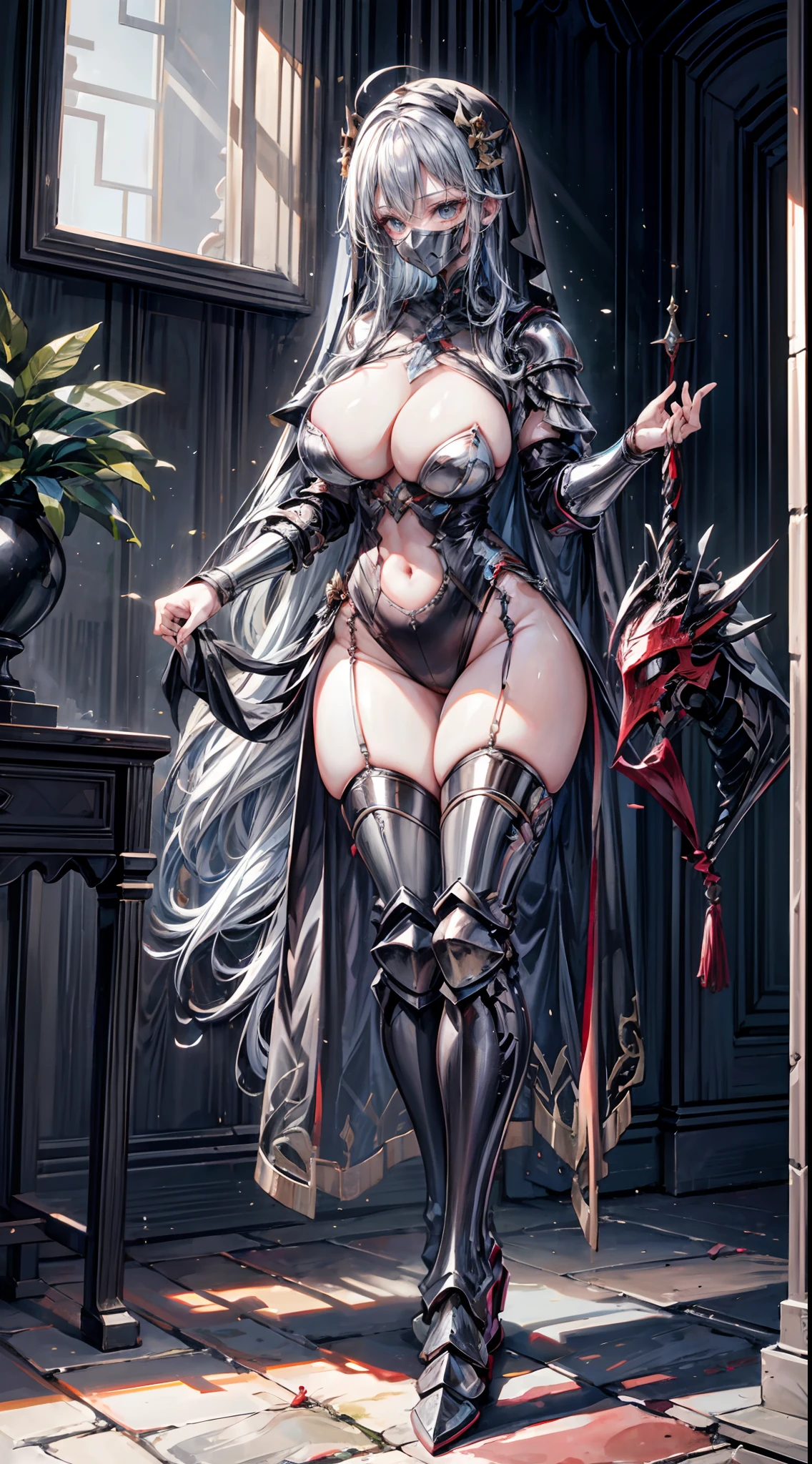 lewd nun,Wearing an iron mask and armor,(cabellos largos dorados),Wearing an iron mask and armor,Metal heels,Long face,Long face,Long face shape