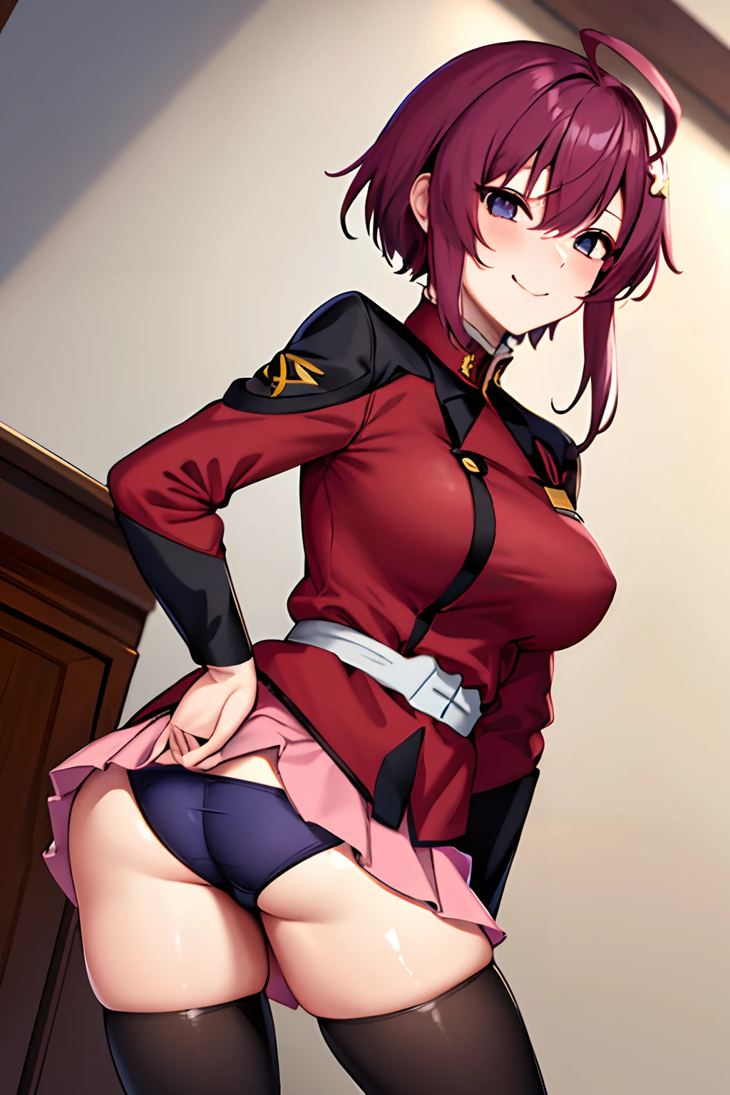 ​masterpiece, top-quality, Hi-Res, 1girl in, 独奏, Pink skirt, military outfits, shorth hair, Ahoge, black thigh, red hairs, a purple eye, purple color  hair, long-sleeve, frowned, Slouched,、Colossal tits、Nasty smile、covered in cum、Flip up your skirt and show off your panties、Dark blue full-back panties、