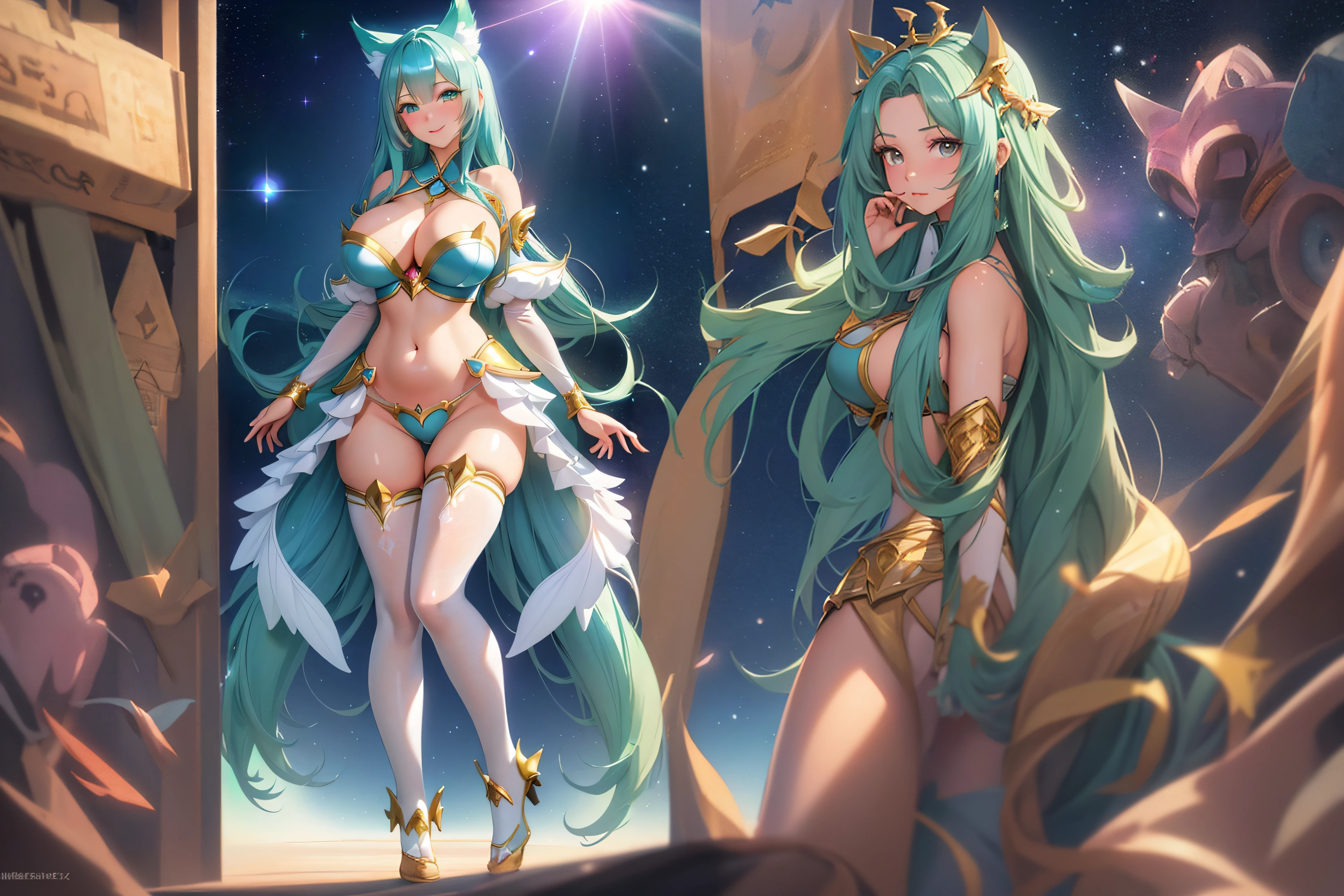A woman in a bikini and cat ears is posing on a planet, deusa anime, Artgerm extremamente detalhado, Senhora Palutena, cushart krenz arte chave feminina, knights of zodiac girl, Krenz Cushart e Artgerm, CGSsociety, corpo inteiro, trending on artstation pixiv, Wlop e RossDraw