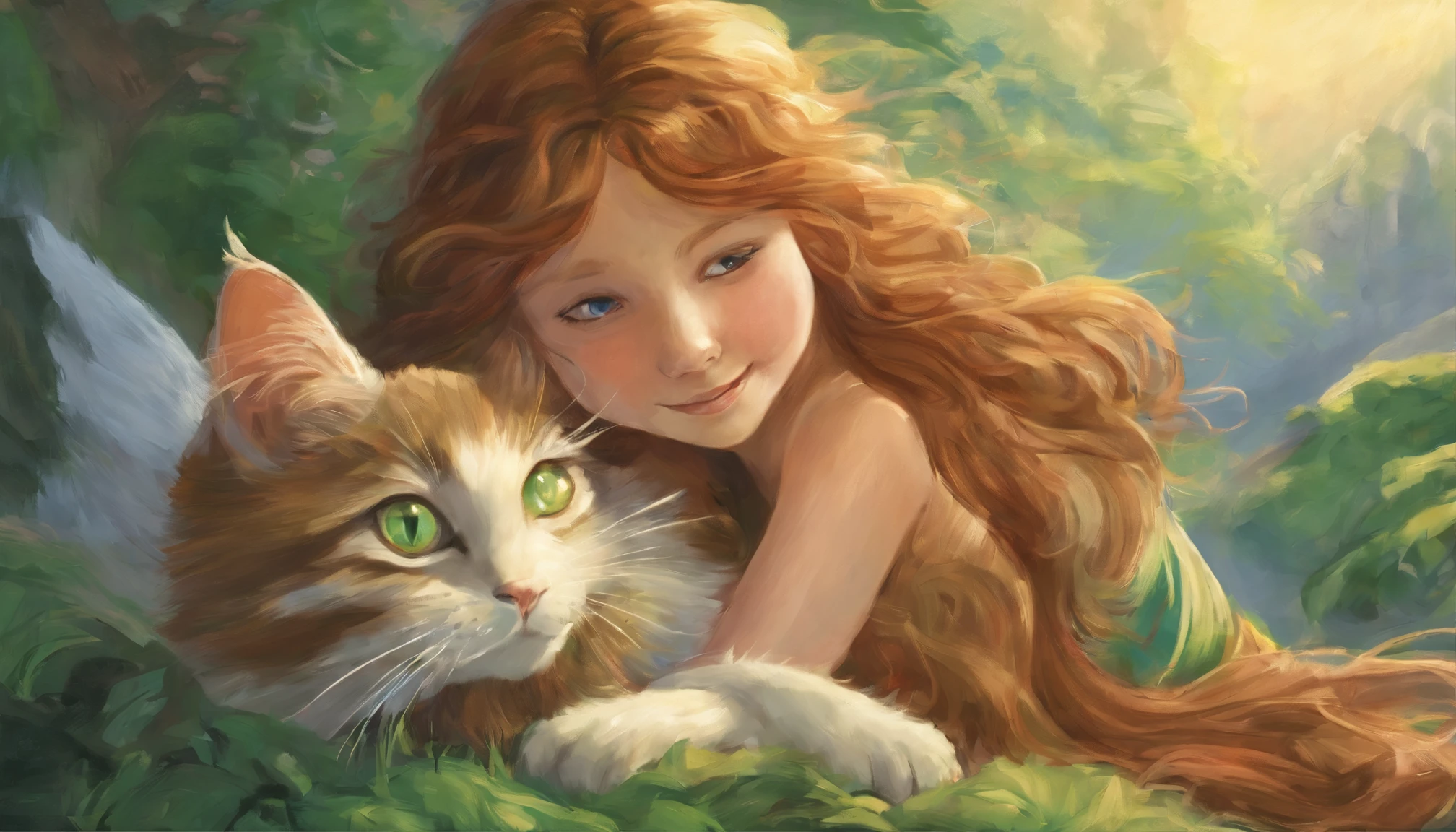Chestnut long-haired girl sunbathing in the daytime performance A light gray cat is snuggled up to her side They look at each other and smile happily Overall, the color is strong green