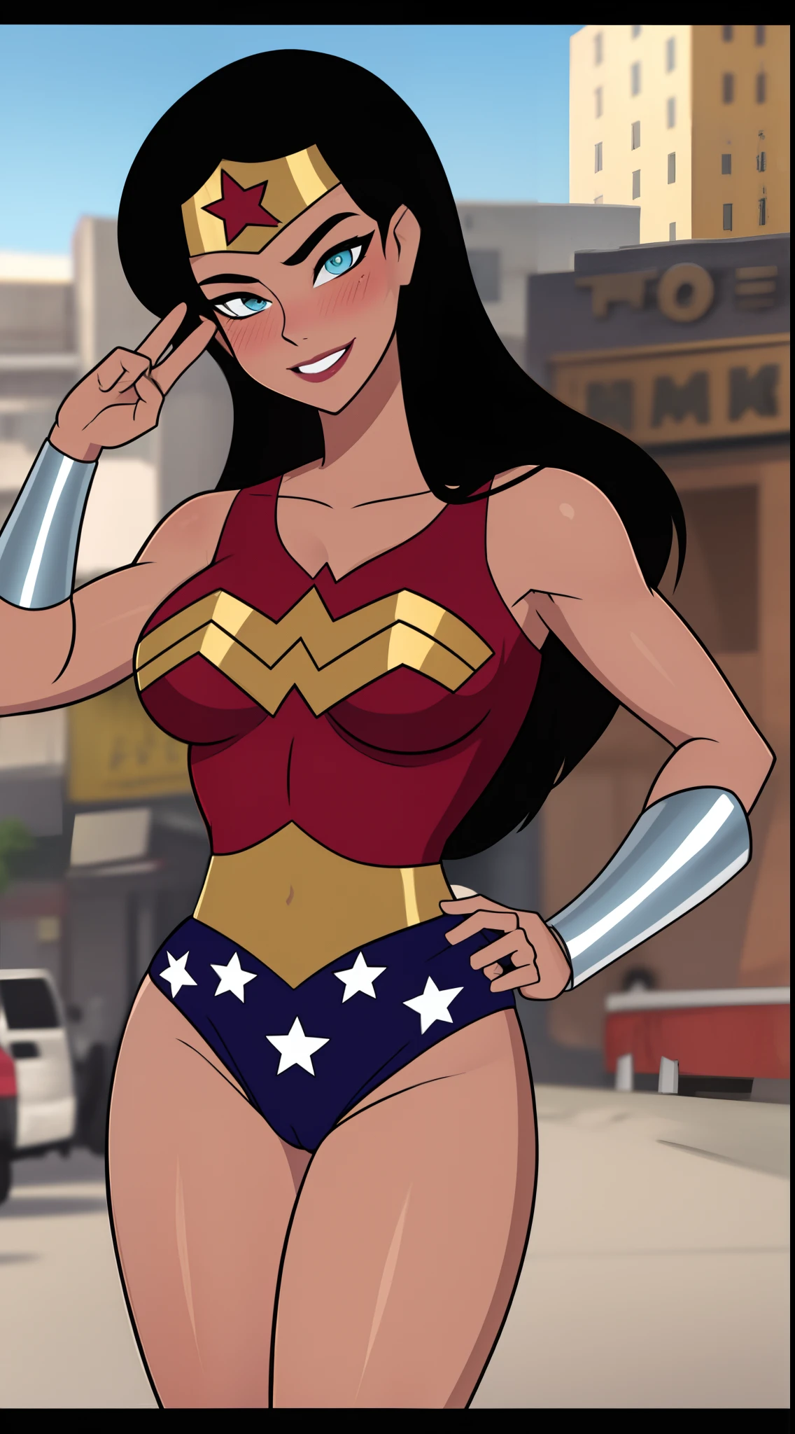 Wonderwomanfit, cabelos muito longos, cabelos pretos, cabelo entre os olhos, Olhos azuis, Wonderwoman, roupas brilhantes, impossible bodysuit, Pele apertada, bodysuit estrelado, Olhando para o Viewer sorrindo, (blush vermelho,irritado:1.2),(pernas musculosas:1.3), (heroic pose). (She's flying through the city)