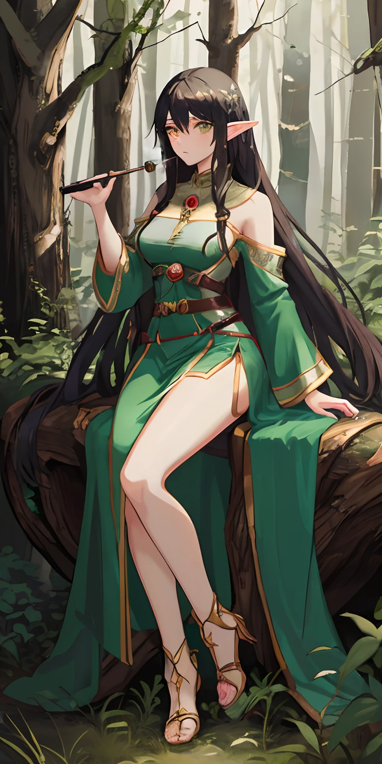 Highres witch, long straight brown hair, micro string bikini cleavage, , fully naked, High string sandals heels, belt with grimoire, ((detailed background: garden, distant wizard tower))
