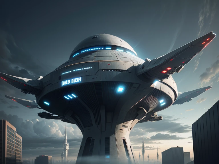 Photo of a huge secret instalation facility distopic, futurist, apocalipse, gray sky, a huge spaceship (spacial chager) flying around above this structure