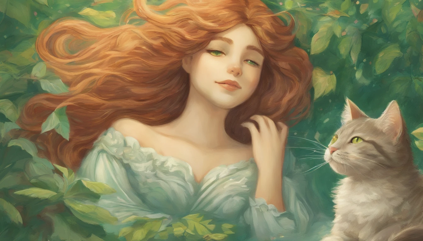 Chestnut long-haired girl sunbathing in the daytime performance A light gray cat is snuggled up to her side They look at each other and smile happily Overall, the color is strong green