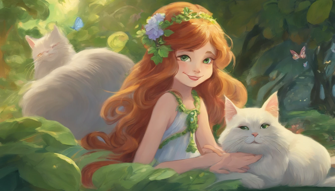 Chestnut long-haired girl sunbathing in the daytime performance A light gray cat is snuggled up to her side They look at each other and smile happily Overall, the color is strong green