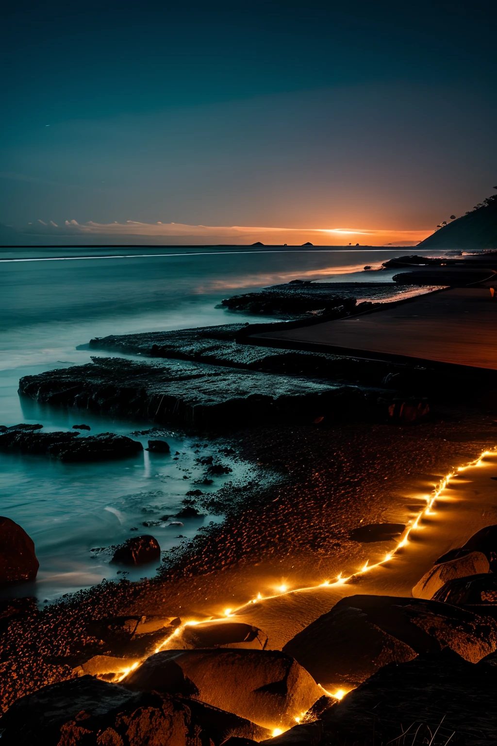 Coastal nighttime landscape, photography of Indonesia, inspired by the style of Ken Duncan well known as the pioneer of landscape, in making use of dodging and burning to edit a landscape image.