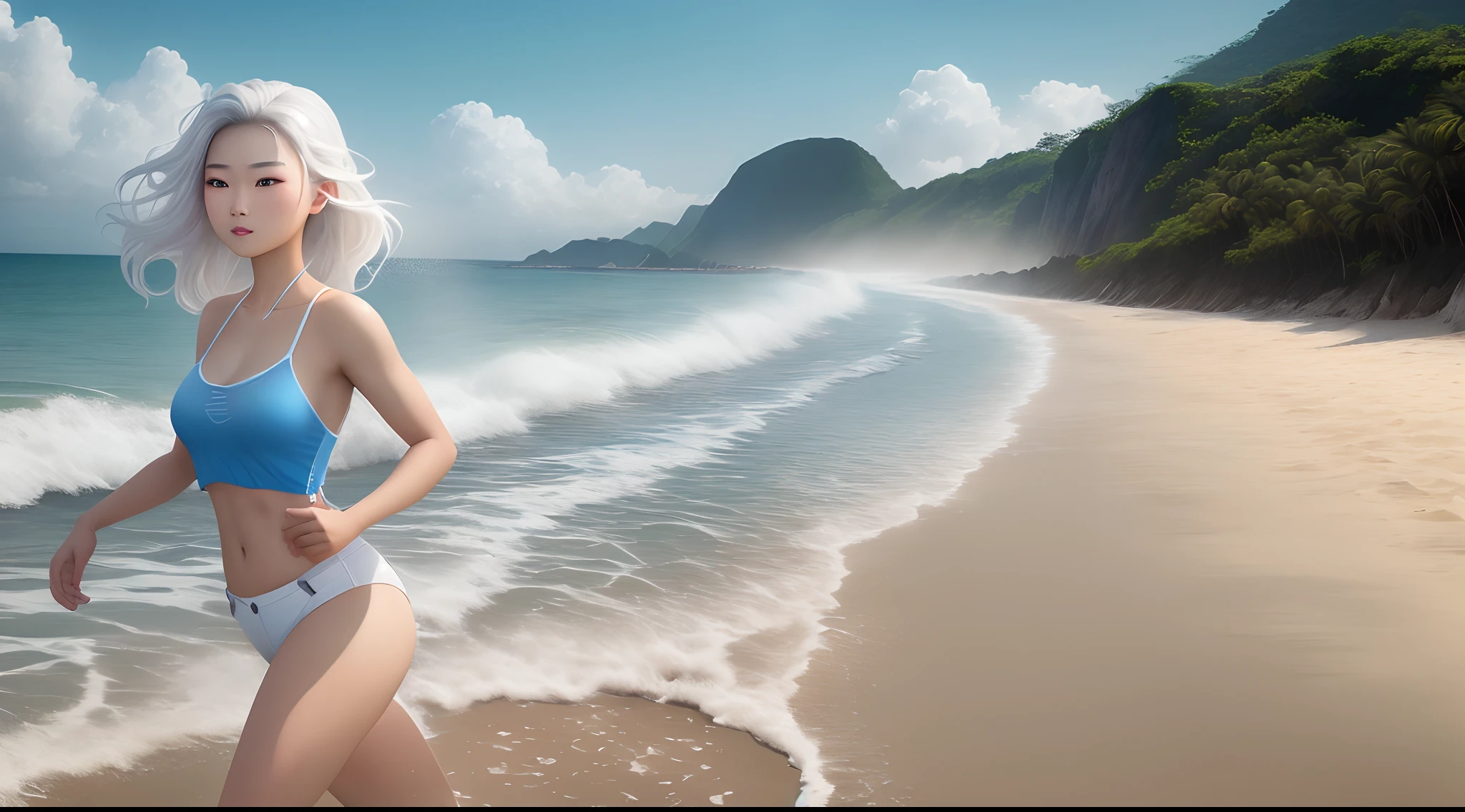 In a picturesque scene by the shores of Da Nang, a young Asian girl with a strikingly unique appearance takes center stage. Her face radiates with the grace of her Asian heritage, but her eyes are a mesmerizing shade of azure blue, adding an unexpected, enchanting contrast. Her hair is a pristine shade of white, cascading down like a waterfall against her contrasting ebony skin.

She's dressed in a vibrant two-strapped azure top and pure white jeans, embodying a blend of contemporary and beachy styles. As she runs across the sandy expanse of Da Nang's shoreline, her footprints leave temporary imprints, a fleeting mark on the golden canvas.

Behind her, a majestic lion follows her every step, its powerful muscles rippling as it moves gracefully. The lion's presence symbolizes strength and protection, mirroring the girl's confident stride as they both traverse the sandy beach of Da Nang, an unforgettable moment of harmony between nature and the captivating human spirit.