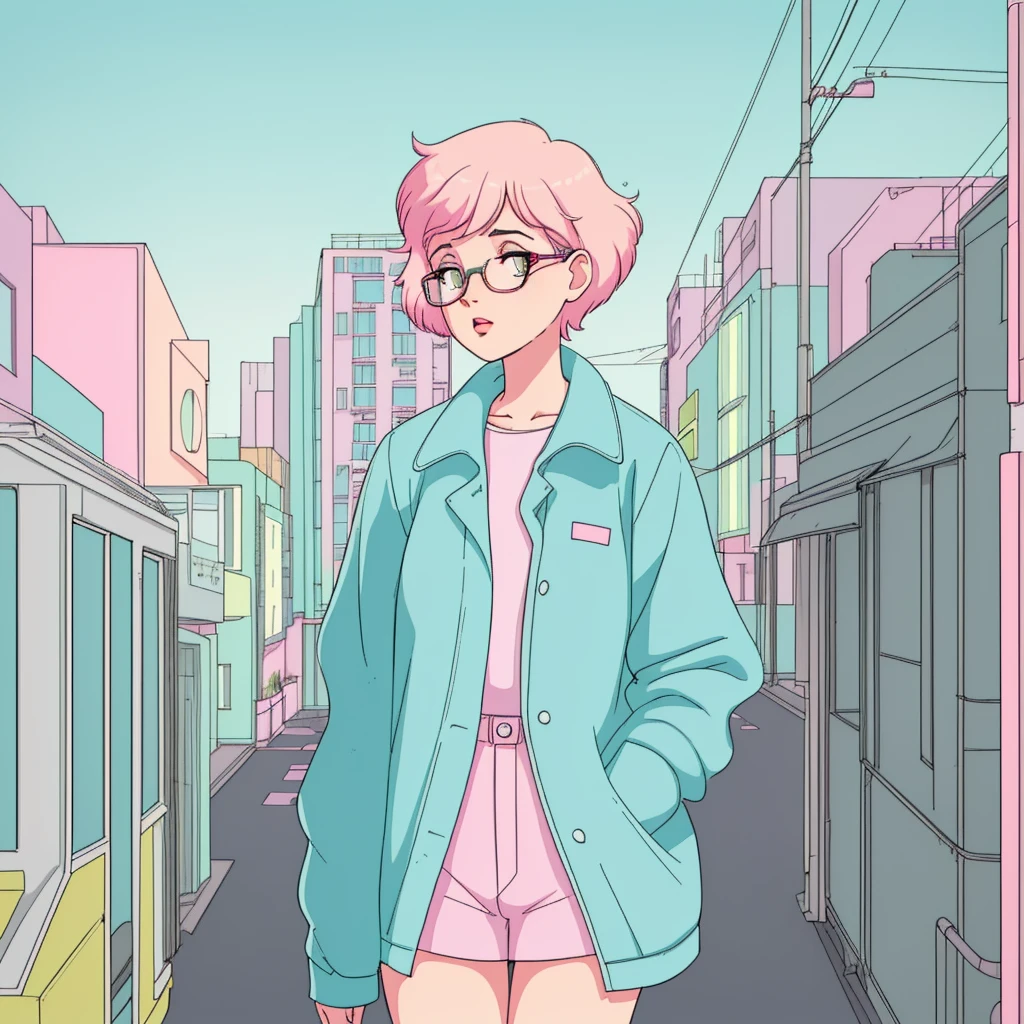 Beautifull girl, short hair, glasses, tomboy, Soft Pastel Hues, Neon Dreams, Retro Vibes - A Journey to the City of Sound. Minimalistic Melodies and Urban Skies.