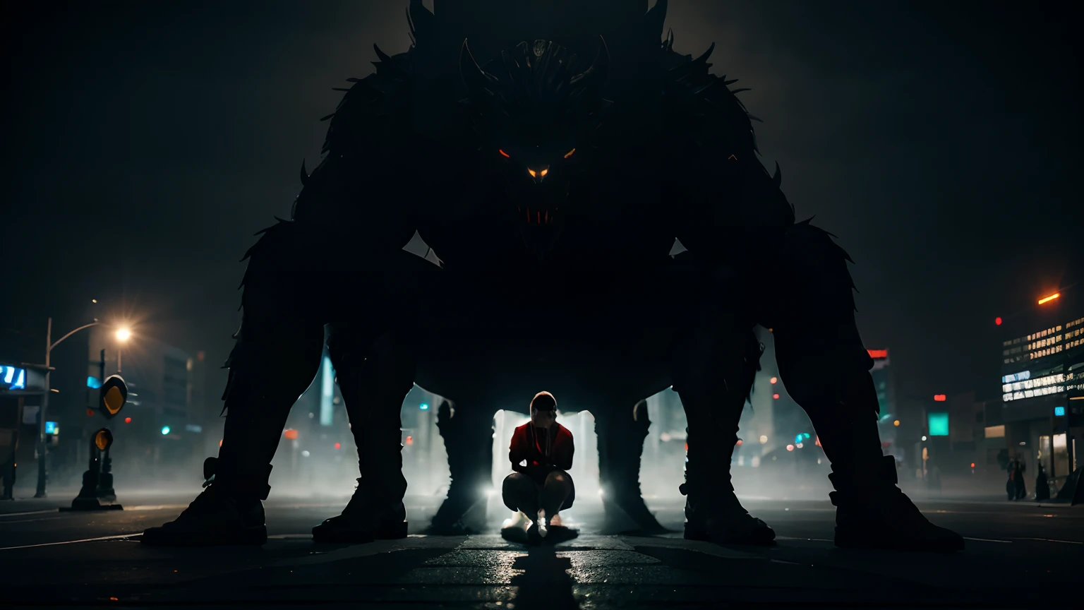 Man sitting on knees looking up and crying out:1.4), surrounded by abstract monsters, city street at night, no lights, thick fog, high resolution, 8k,
