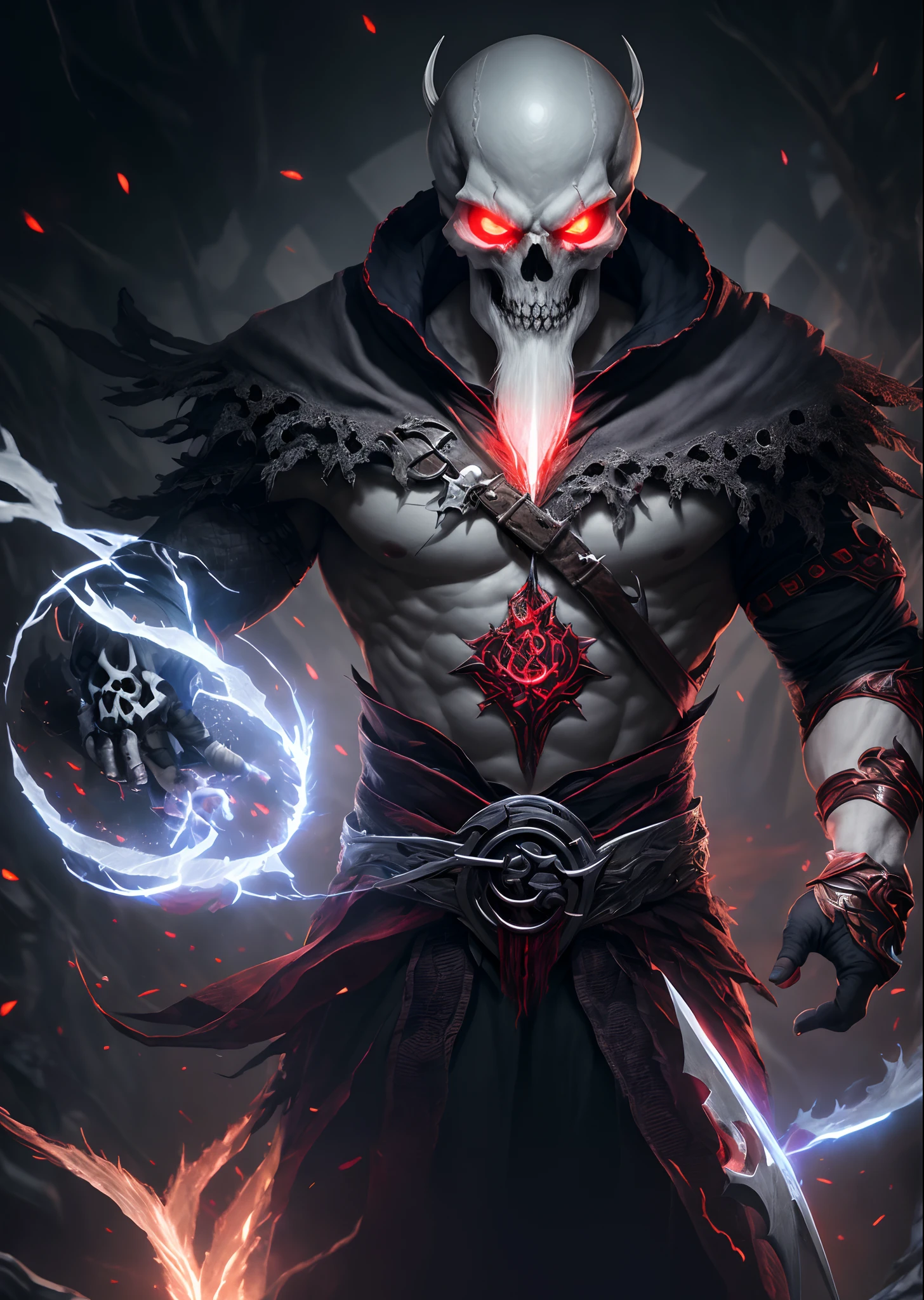 (Very detailed 8k wallpaper)、Medium shot photo of a terrifying necromancer with a matte grey skull、The eyes are pale and glowing、Complex and、In detail、Dramatic