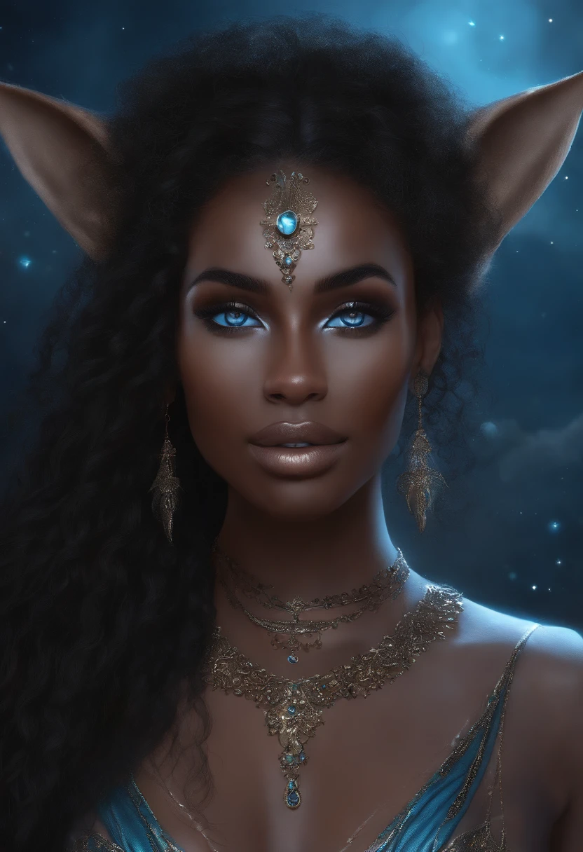 SeaArt Bot Upscaling Default 22:16:26 a brown skined woman. Freckles like star on her cheek and nose, cat shaped crystal light blue eyes.full plumed lips with the bottom lip being black like the night sky. She has long curly black hair and pointy elf ears, nsfw, curvy body, big chested, doggystyle, getting fucked by a big black man