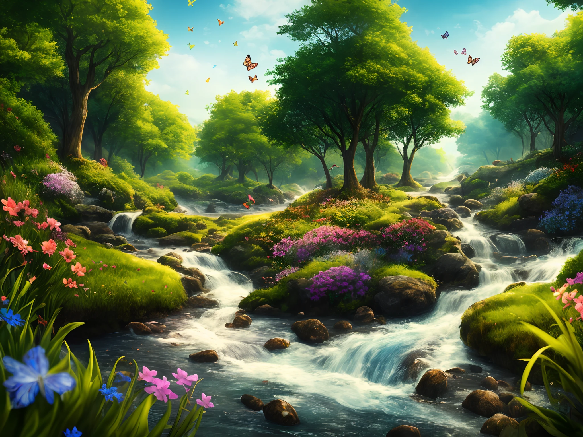 masterpiece, best quality, high quality, extremely detailed CG unity 8k wallpaper, An extremely colorful and purely fantasy environment with vibrant hues and a bright sky, landscape of bright green grass, colorful trees, glittering fruits, and bright blue flowers. The streams are a deep shade of blue, and the air is filled with sweet exotic scents. The environment appears to be taken out of a dream, with luminescent butterflies and giant colorful birds flying around, award winning photography, Bokeh, Depth of Field, HDR, bloom, Chromatic Aberration ,Photorealistic,extremely detailed, trending on artstation, trending on CGsociety, Intricate, High Detail, dramatic, art by midjourney