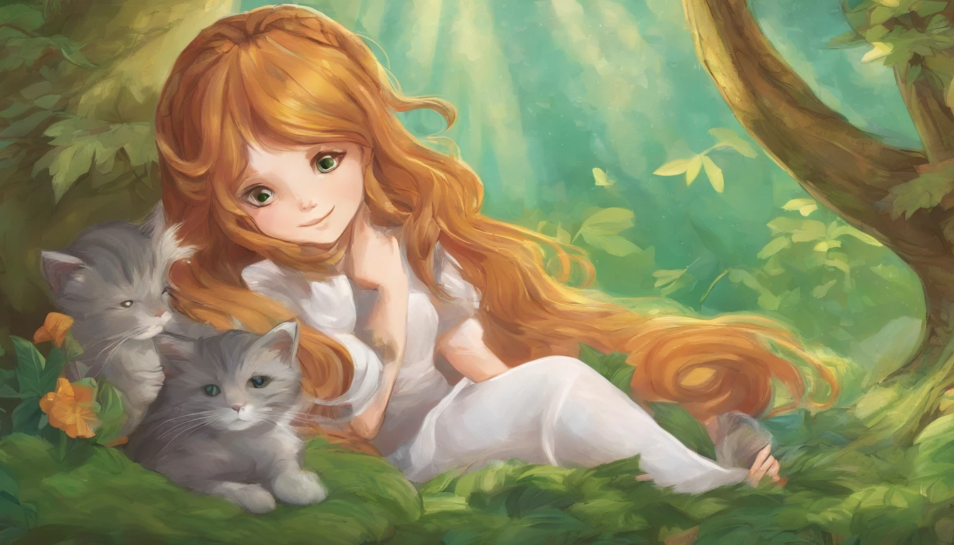 Chestnut long-haired girl sunbathing in the daytime performance　A light gray cat is snuggled up to her side　They look at each other and smile happily　Overall, the color is strong green