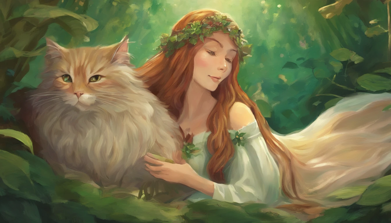 Chestnut long-haired girl sunbathing in the daytime performance A light gray cat is snuggled up to her side They look at each other and smile happily Overall, the color is strong green