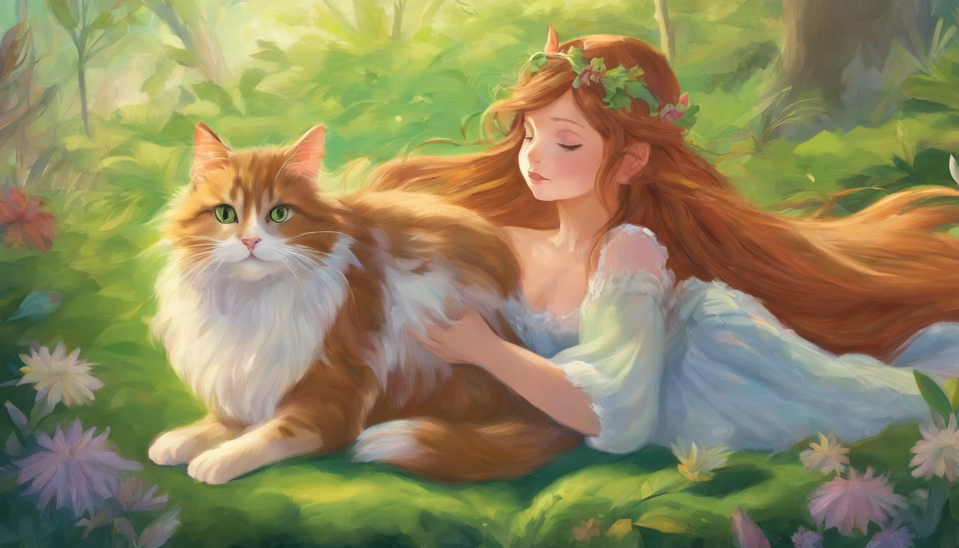 Chestnut long-haired girl sunbathing in the daytime performance A light gray cat is snuggled up to her side They look at each other and smile happily Overall, the color is strong green