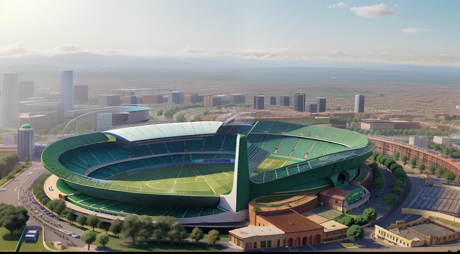 green circular soccer stadium in pixar style