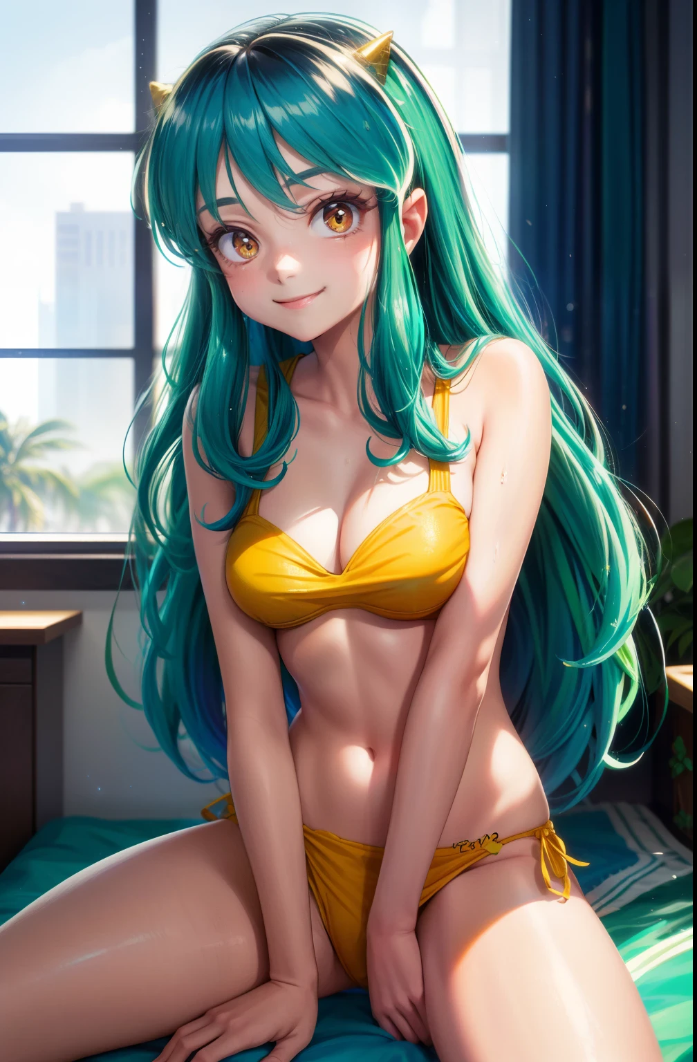 Lum Invader, senos grandes, Wet,1.4), (Ropa blanca: 1.2) sudar, mini bragas, La mejor calidad, bikini, sexy, cute smile, (marked pussy)